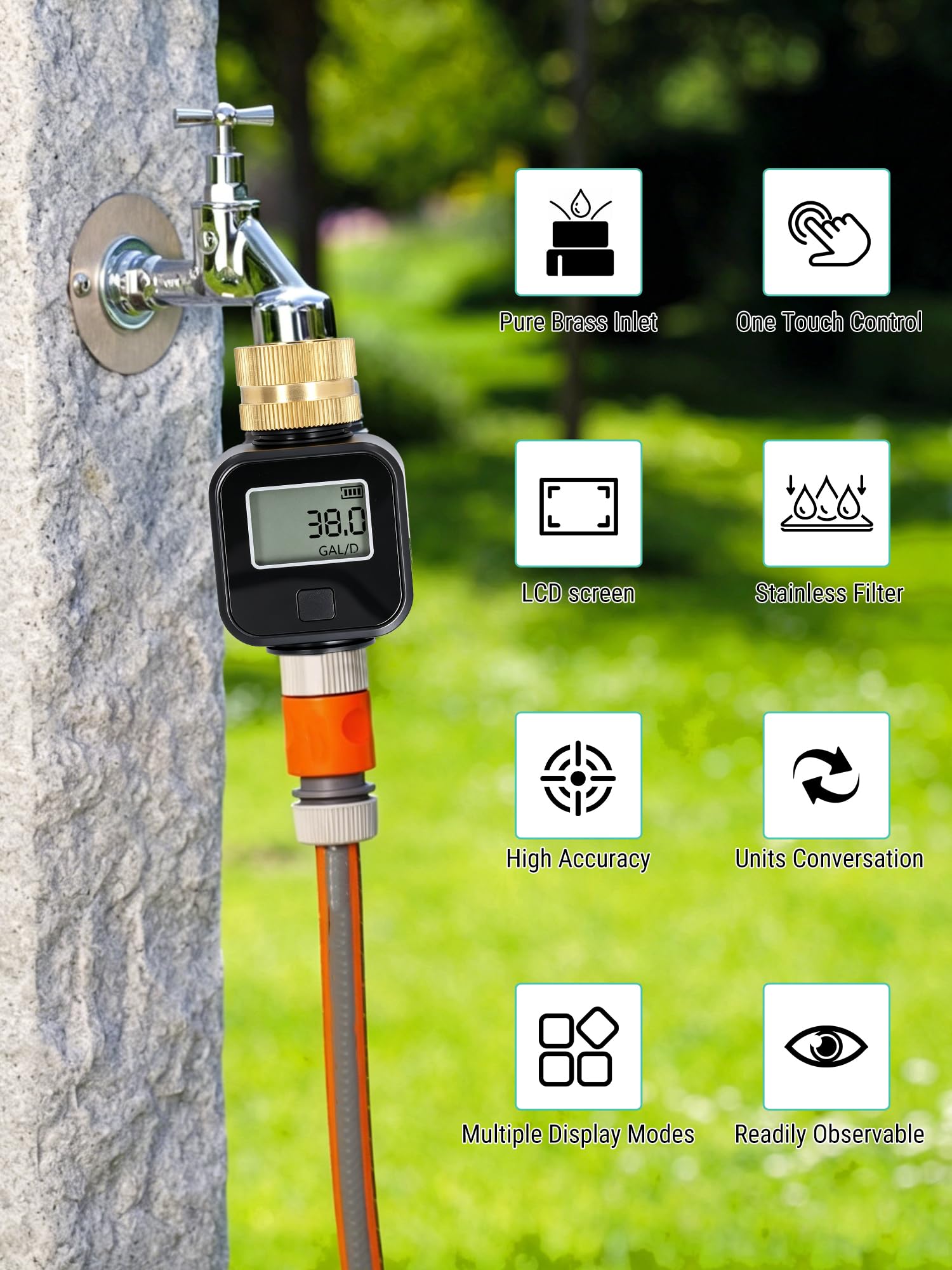 VOBOR Digitaler Wasserzähler 3/4 zoll, 4 Modi zur Kontrolle des Wasserverbrauchs, 180° Drehbarer Praktischer Wasseruhr mit Messing Einlass, Durchflussmesser für Wohnmobile, Gartenschläuche, Sprühdüsen