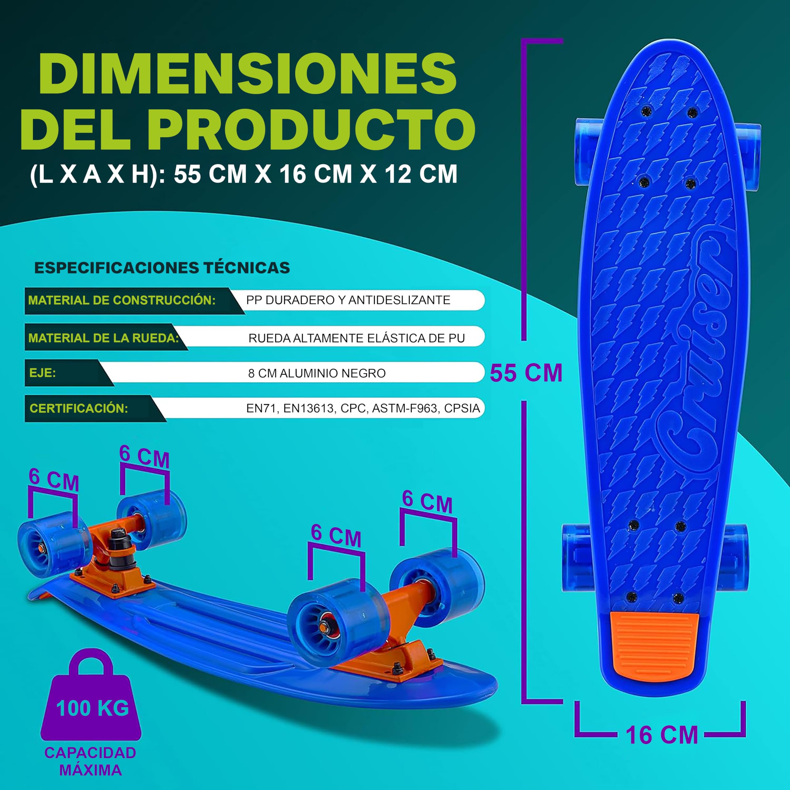 Hurtle Skateboard, Monopatin, Mini Crucero, Tabla, Plataforma de 6”, Ruedas PU con luz LED, Niños, Niñas, Adolescentes