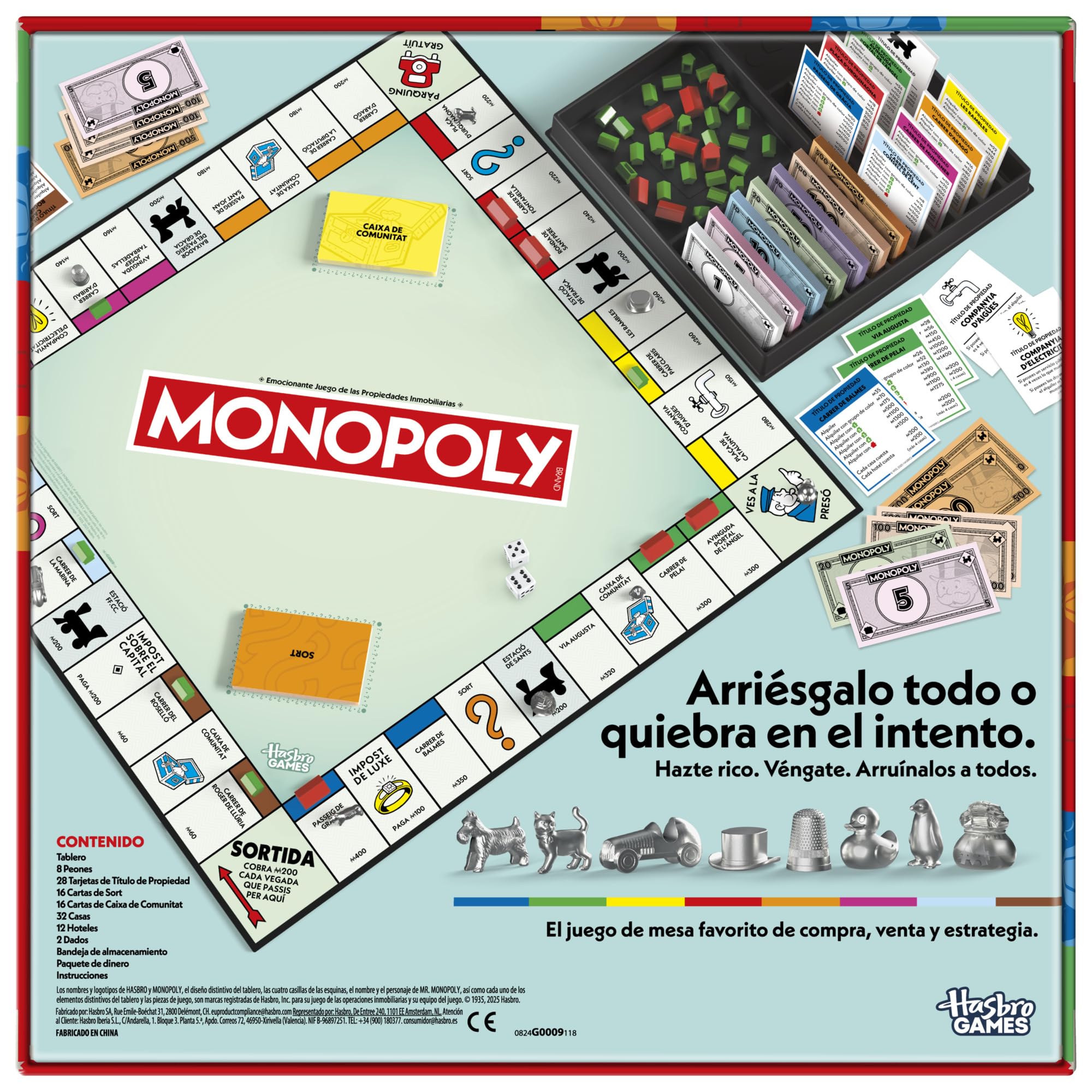 Juego de Mesa Monopoly con Bandeja de Almacenamiento y peones Grandes - Versión catalana en español