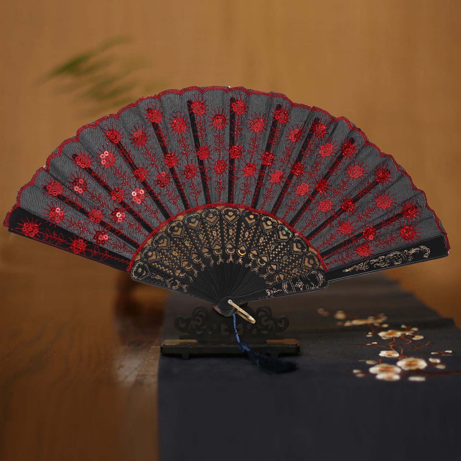 Amosfun 4pcs Folding Hand Fan, Silk Peacock Pattern Sequin Fan with Hollow-Out Handle - Image 4