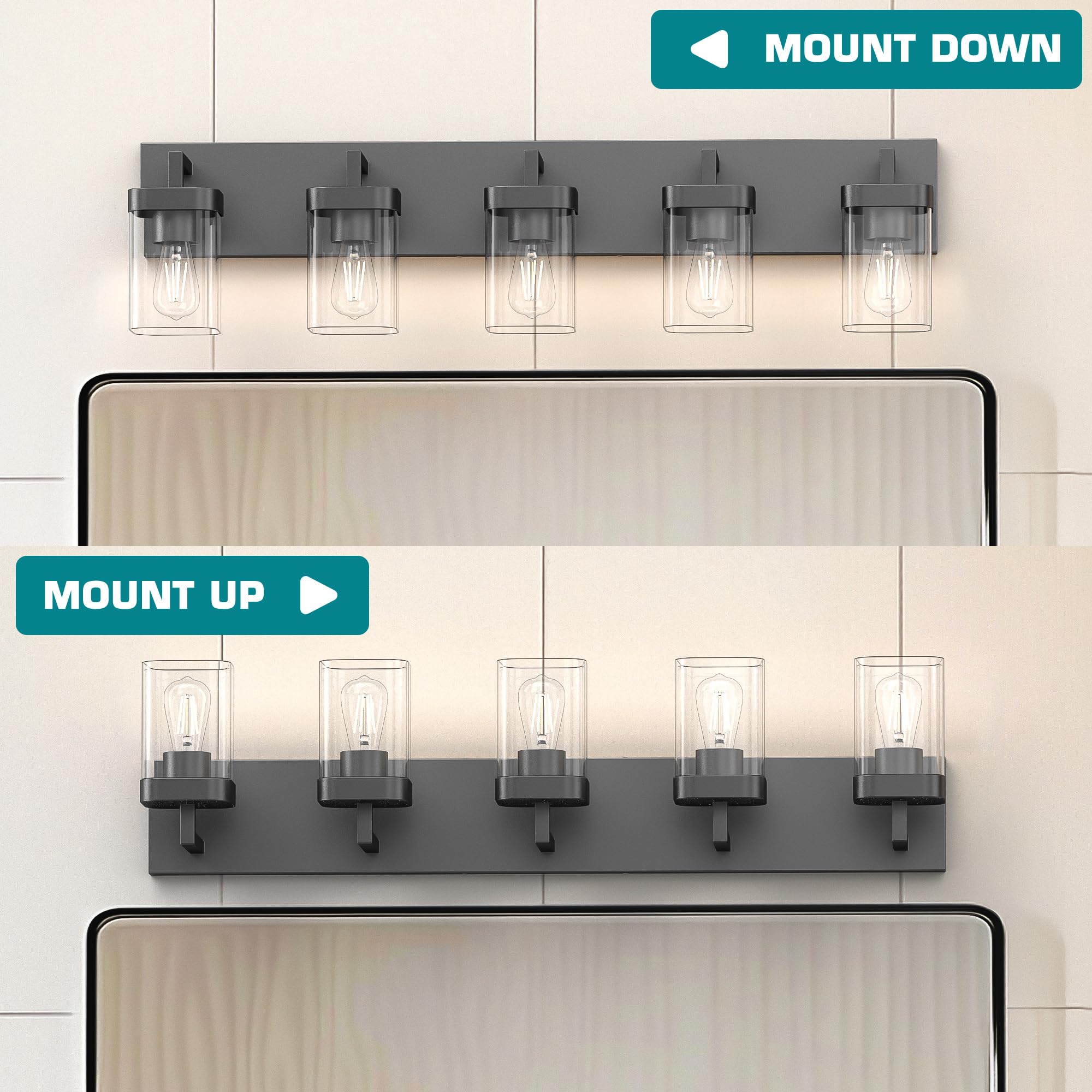 Badezimmer-Waschtischleuchte, quadratisches Design, 5 Leuchten, moderne Badezimmer-Beleuchtung über Spiegel, schwarze Badezimmer-Leuchten für Badezimmer/Wohnzimmer/Schlafzimmer