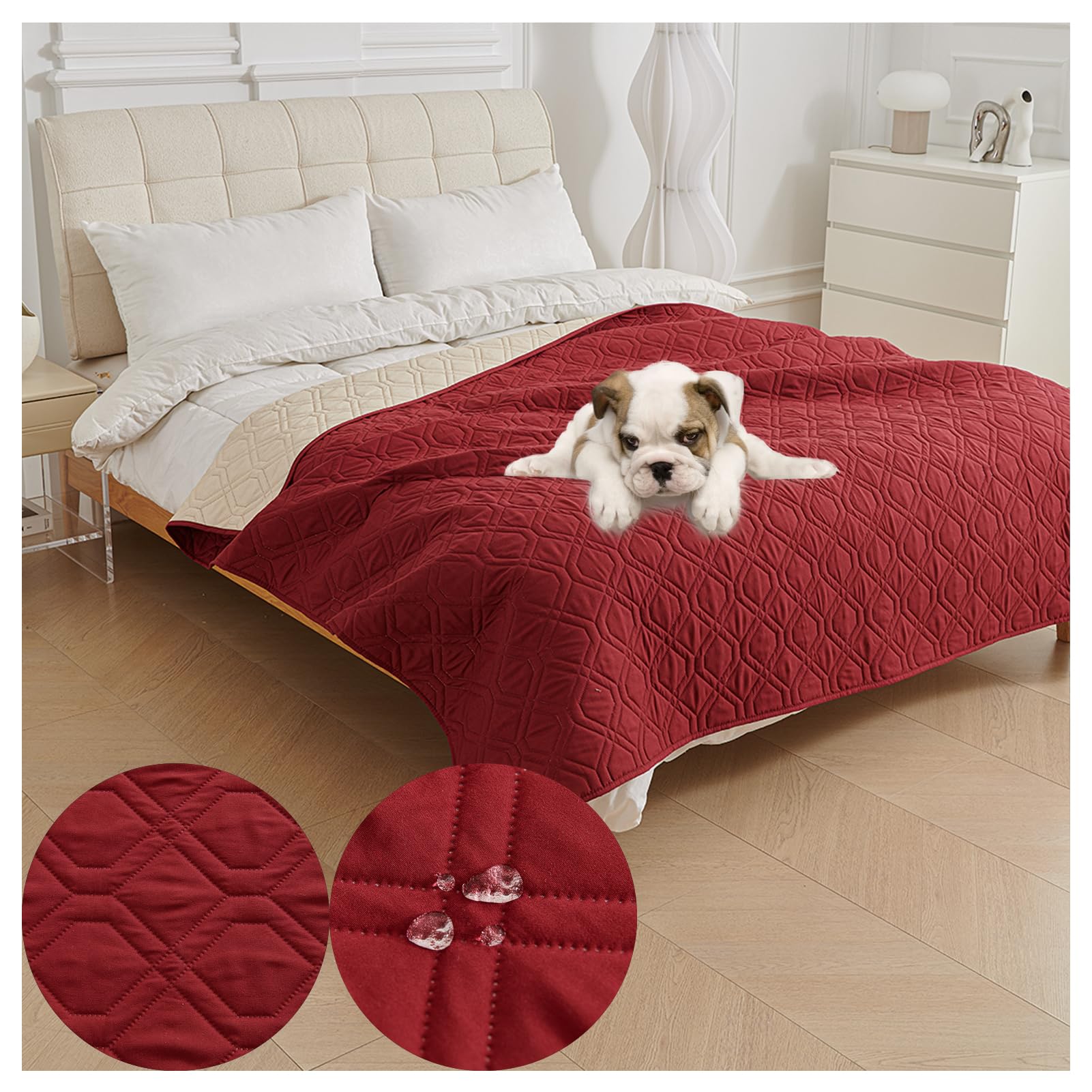 OREZAUQS Waterproof Bed Sheet Cover Pet Hair Resistant Bed Sheet Cover for Dog and Cats Washable Reversible Scratch Proof Furniture Protector Dog Bed Cover Pet Blanket (Red,130 * 210cm)