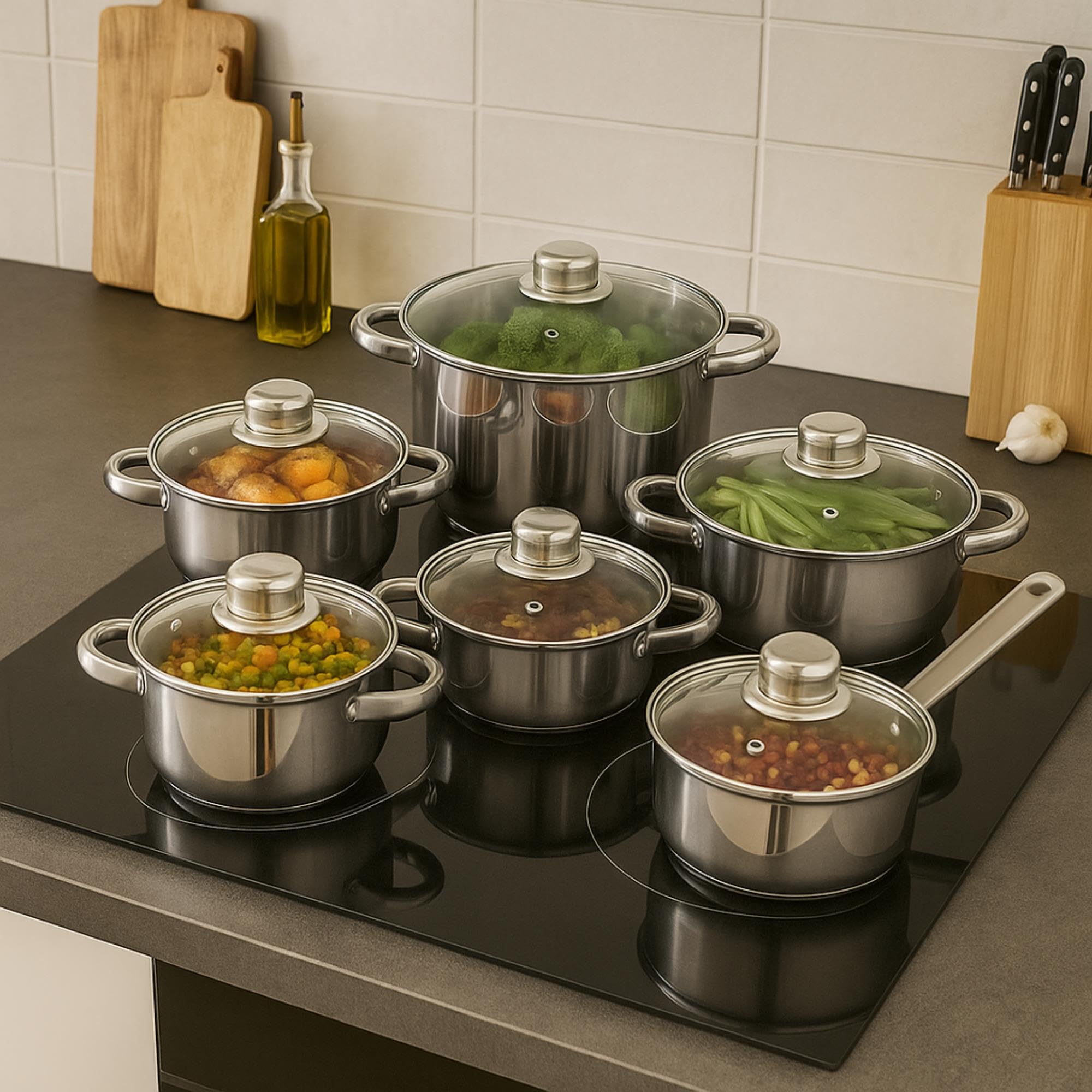 Well Home Set de Batería de Cocina de 12 Piezas y Sartenes en Acero inoxidable Ø20 Ø24 y Ø28 x5cm, Aptas para inducción y SIN antiadherente