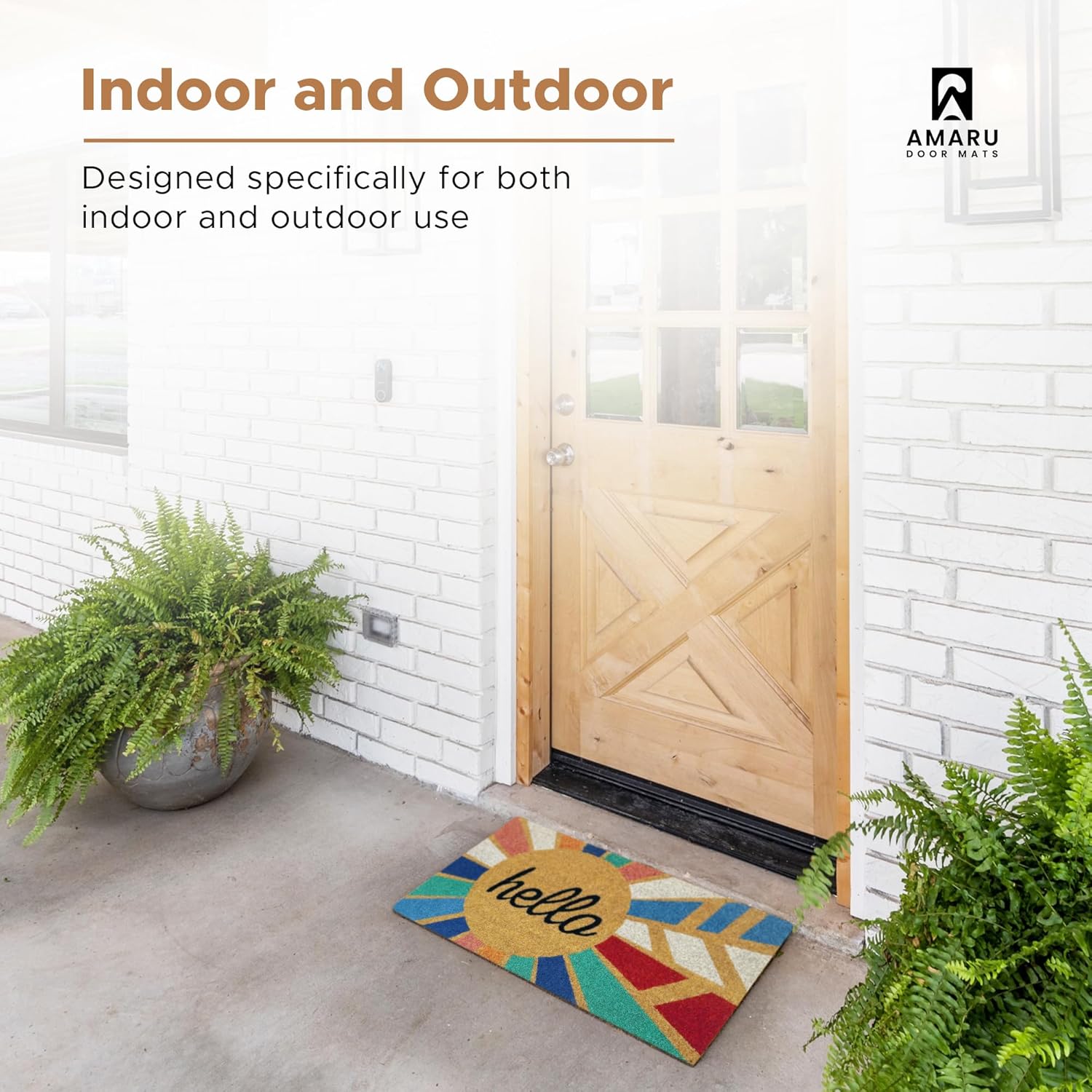 Hello Colorful - 17"x29" - Coir Door Mat with Heavy Duty Backing - Welcome Mats for Entryway, Porch - Anti-Slip PVC & Coconut Fiber Surface - Natural Home Accessories, Minimalist Original Design