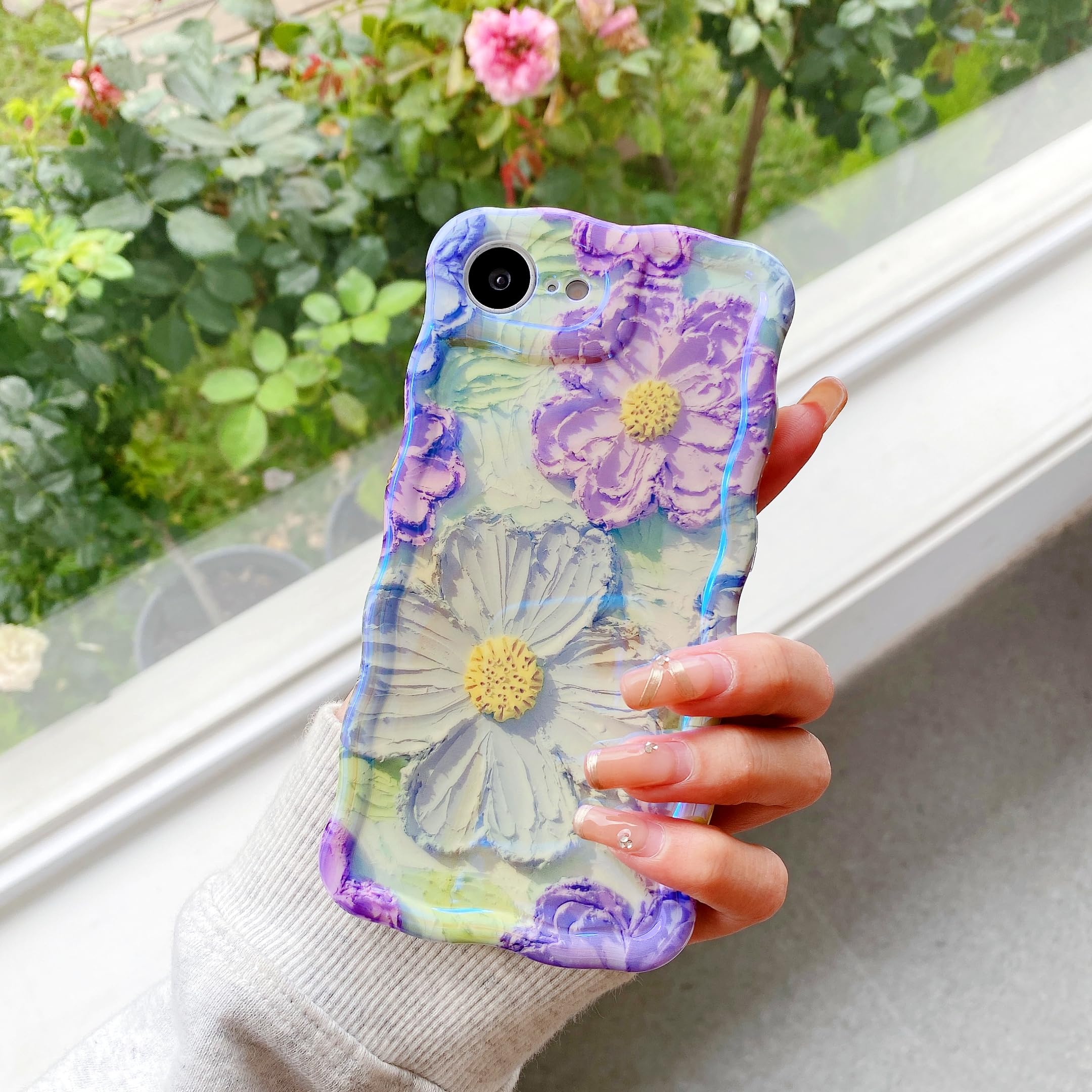 UEEBAI Flower Case for iPhone 16e Case, Colorful Retro Oil Painting Girly Phone Cover Pretty Glossy Pattern Wave Cover Cute Sparkly Floral Curly Shell
