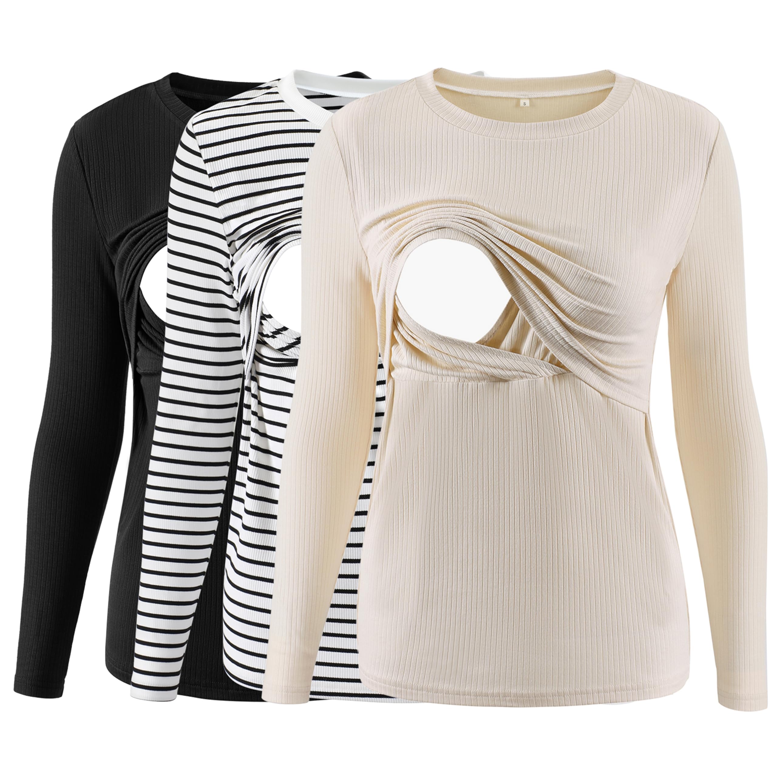 Lot de 3 t-shirts d'allaitement côtelés à manches longues pour femme - Double couche - Vêtements de maternité