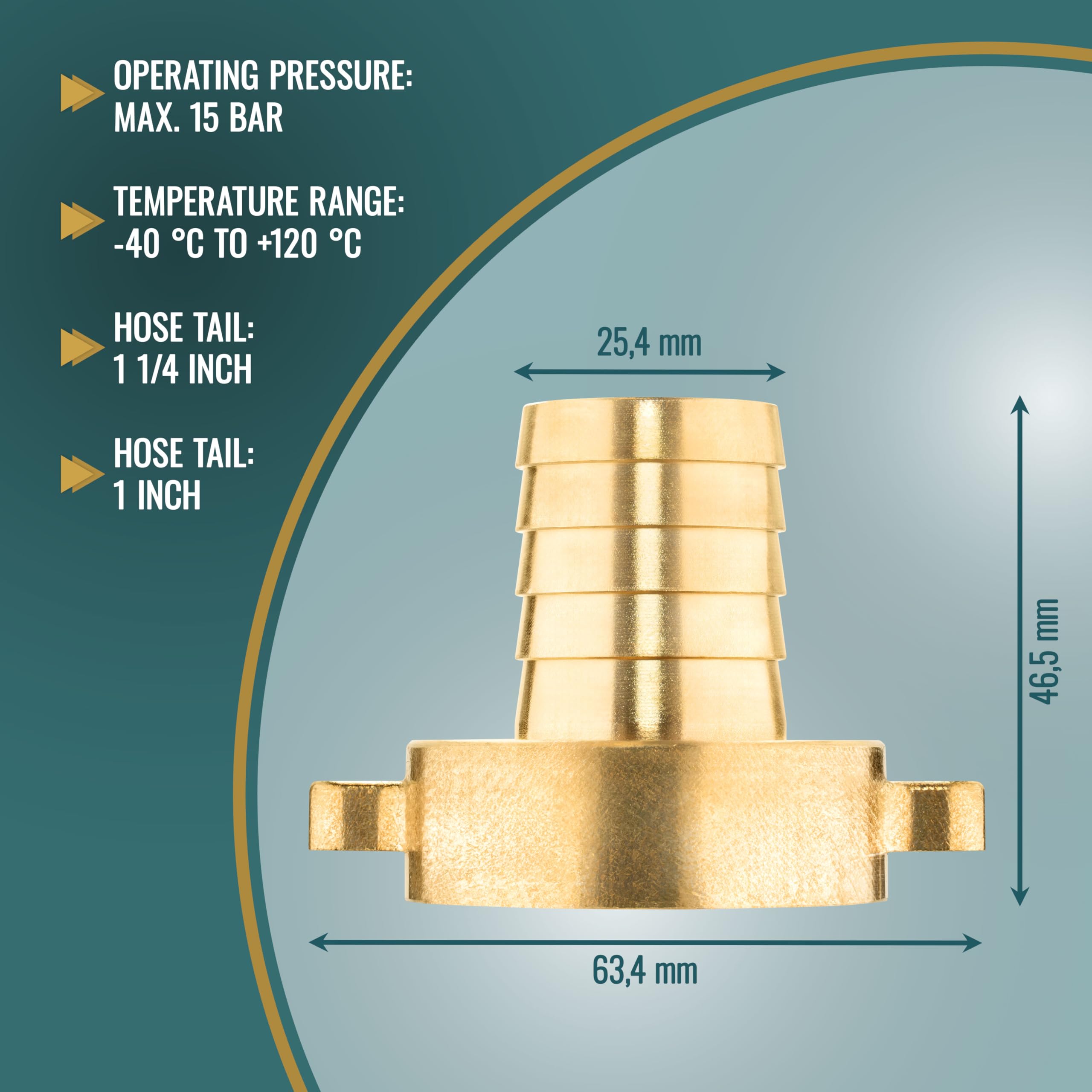 Poppstar Hose Connector ID 1 1/4 Inch Brass (incl. Union Nut with Flat Gasket) to Hose Tail 1 Inch (25mm) - Image 2