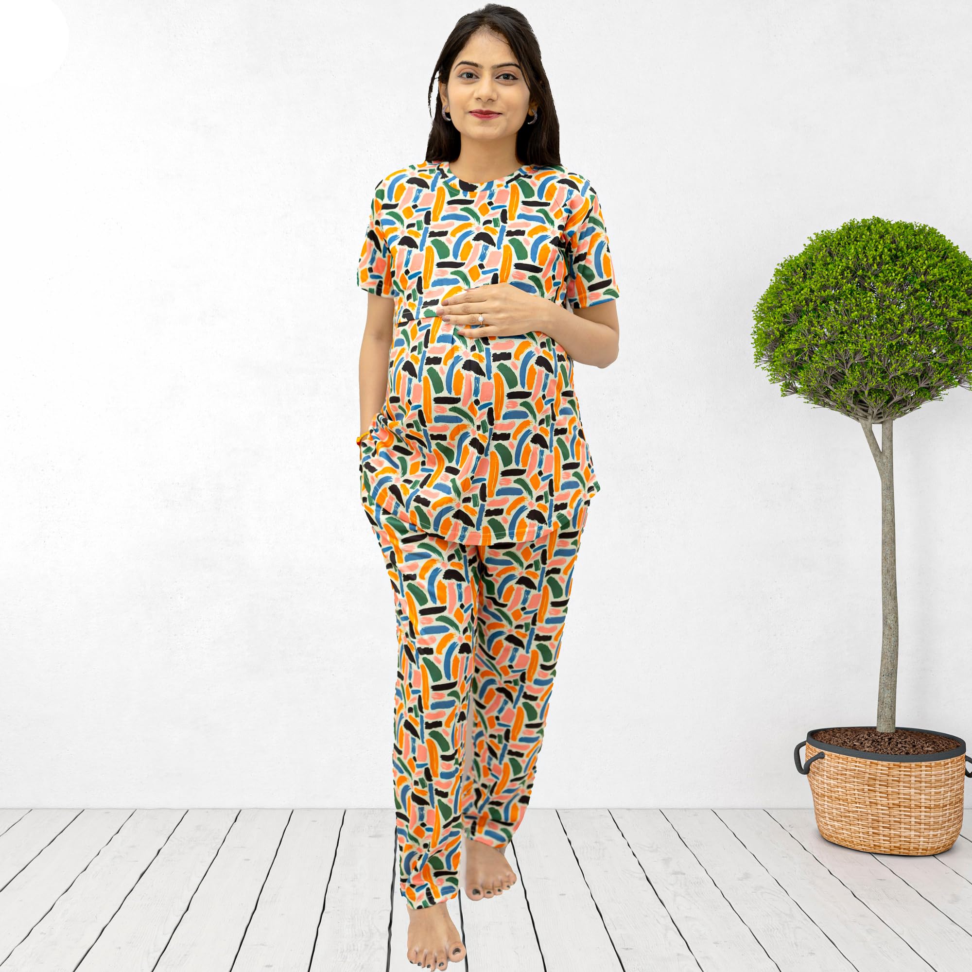 The Starmom Women's Zipless Cotton Blend Printed Maternity & Feeding Night Suit Set of Top & Pajama Set | Pre & Post Pregnancy Nursing Night Dress Peach - Image 8 thumbnail