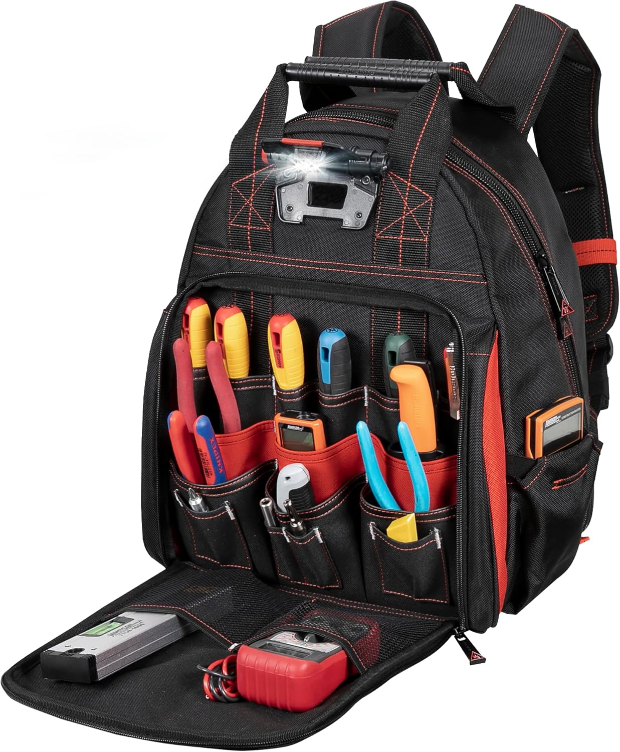Hultafors Work Gear HTL523 Lighted Tool Backpack, 50 Pockets, Heavy Duty Ballistic Polyester Tool Carrier, Adjustable Swivel Light, Power Tool Strap, Tablet/Laptop Pocket,Black