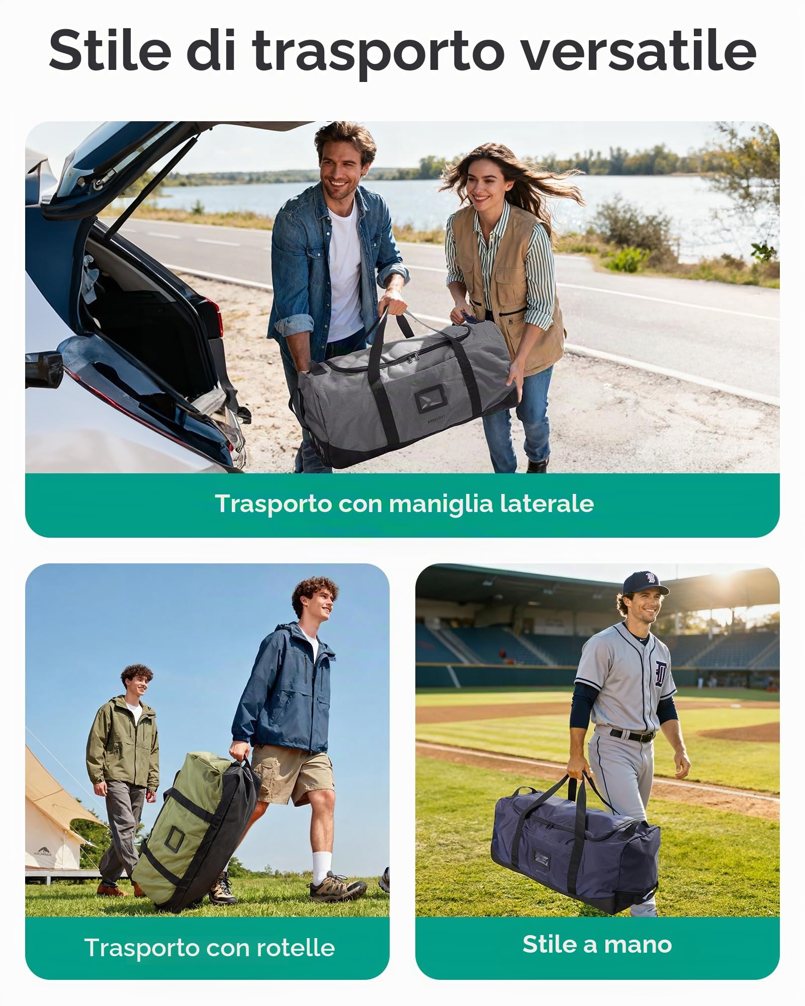 BAGSMART Borsa da viaggio pieghevole con ruote, 80 l, leggera, borsa sportiva con 3 ruote, grande borsa da viaggio per uomo e donna, può essere arrotolata e conservata, grigio, 72 x 35 x 33 cm