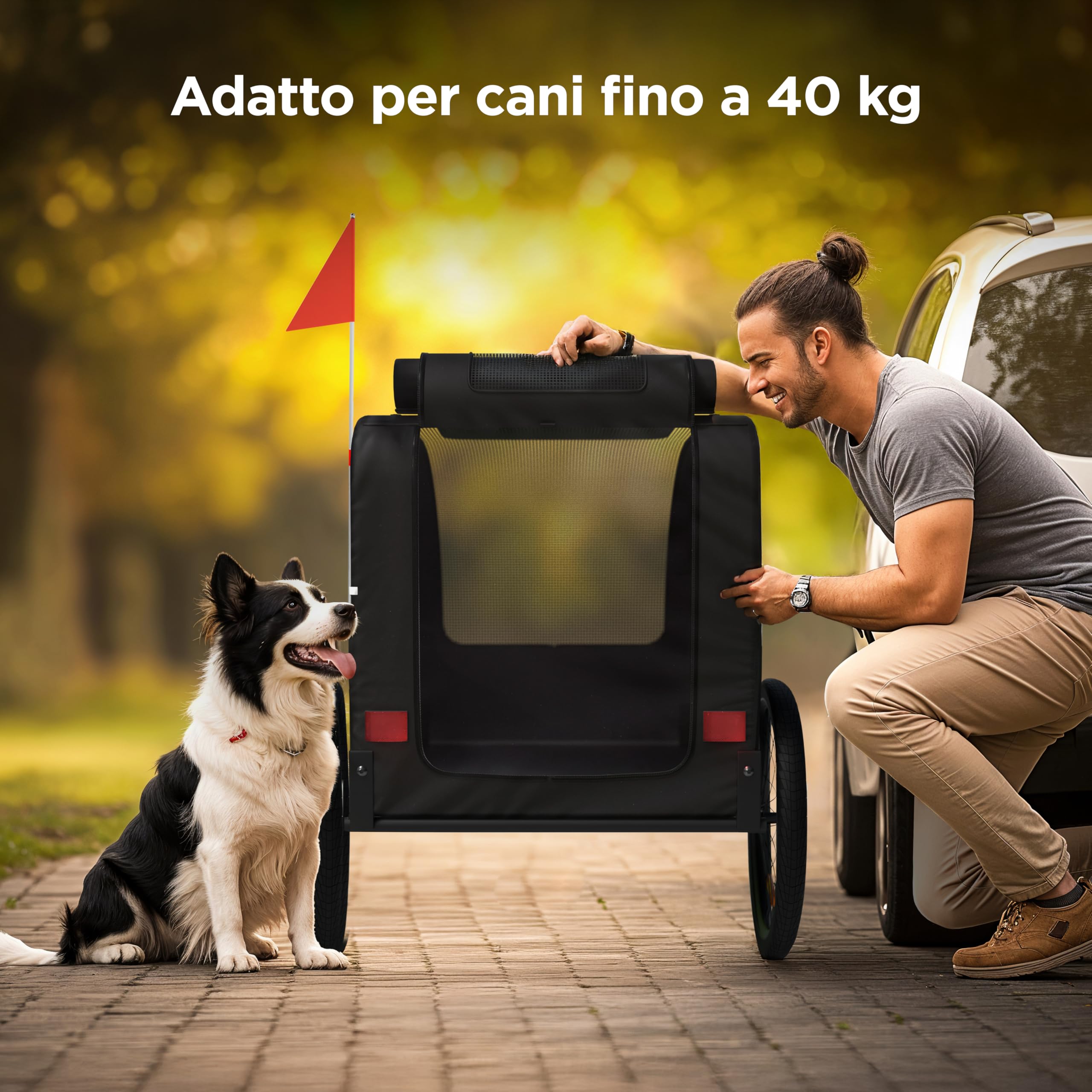Rimorchio Bici Cani – Carrello per Cani Pieghevole fino a 40 kg – Carrello Bici per Cani con Gancio e Catarifrangenti – Carrello Cane – Rimorchio Cane – Compatibile con E-Bike
