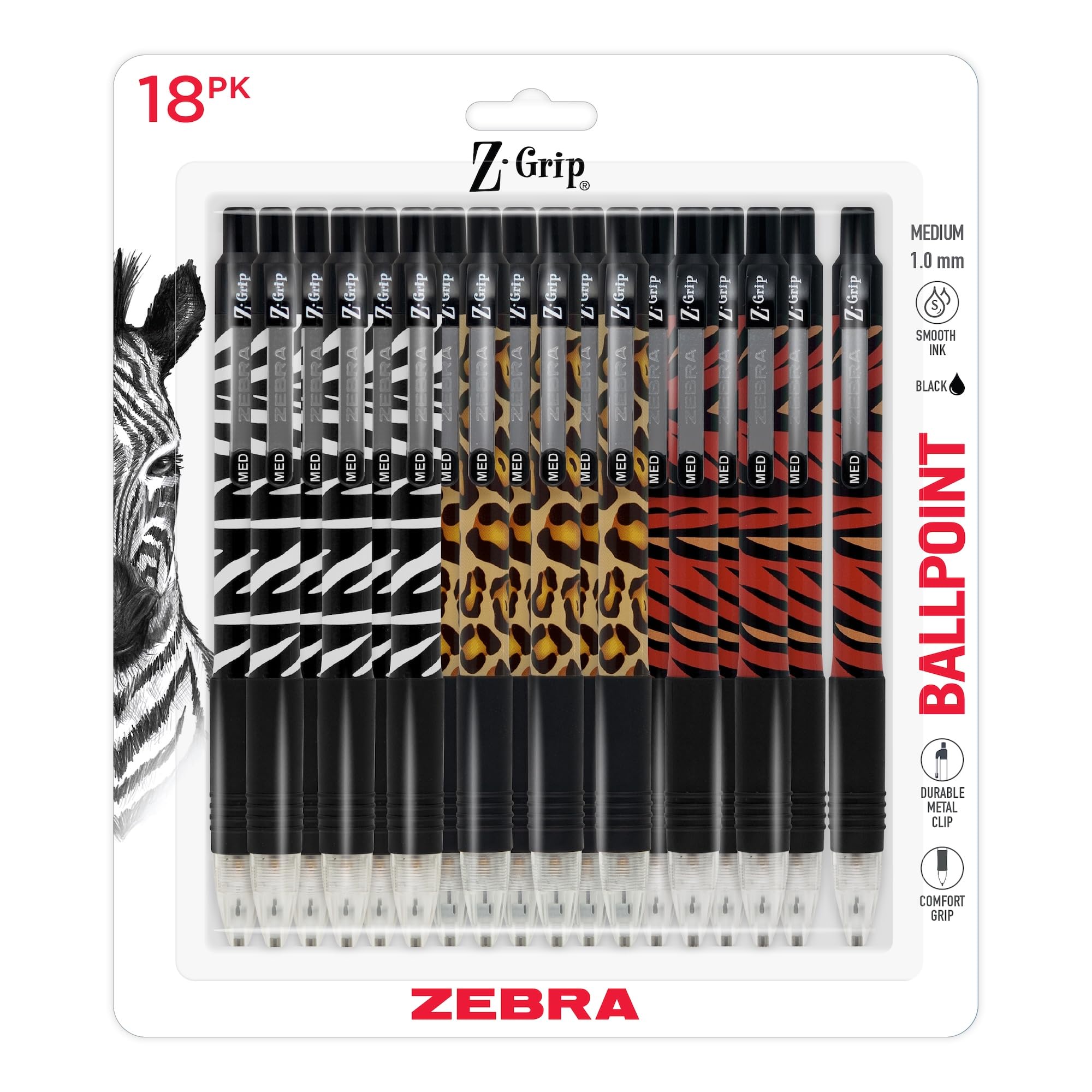 Zebra Pen Z-Grip Animal Print Retractable Ballpoint Pen, Black, 1mm, 18-Pk