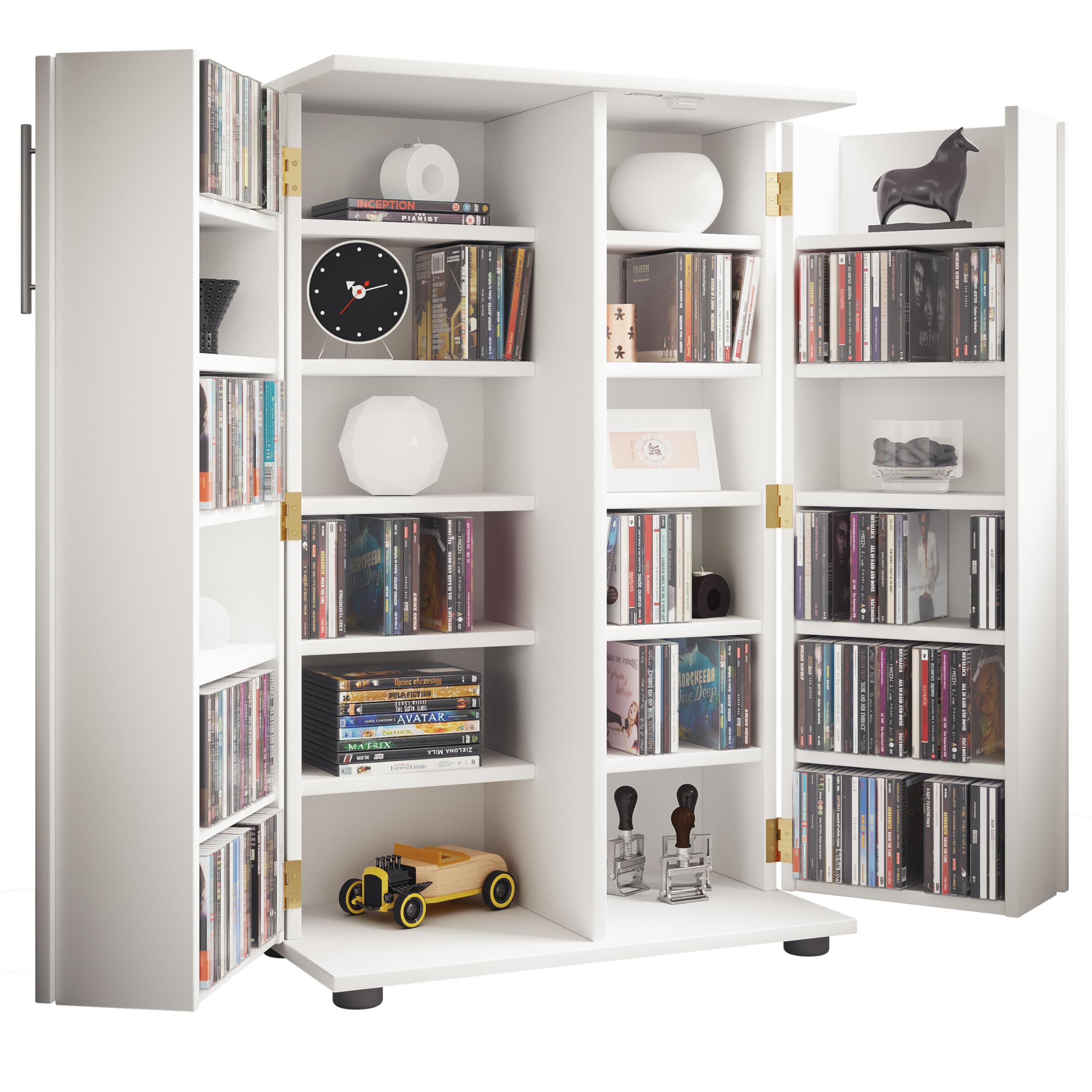 Holz CD DVD Stand Regal/Schrank | platzsparender CD Schrank mit 2 abschließbaren Türen für 600 CDs oder 260 DVDs oder 144-Videos | Maße: H. 93 x B. 60 x T. 31 cm | 20 variable Einlegeböden – Engalo XL