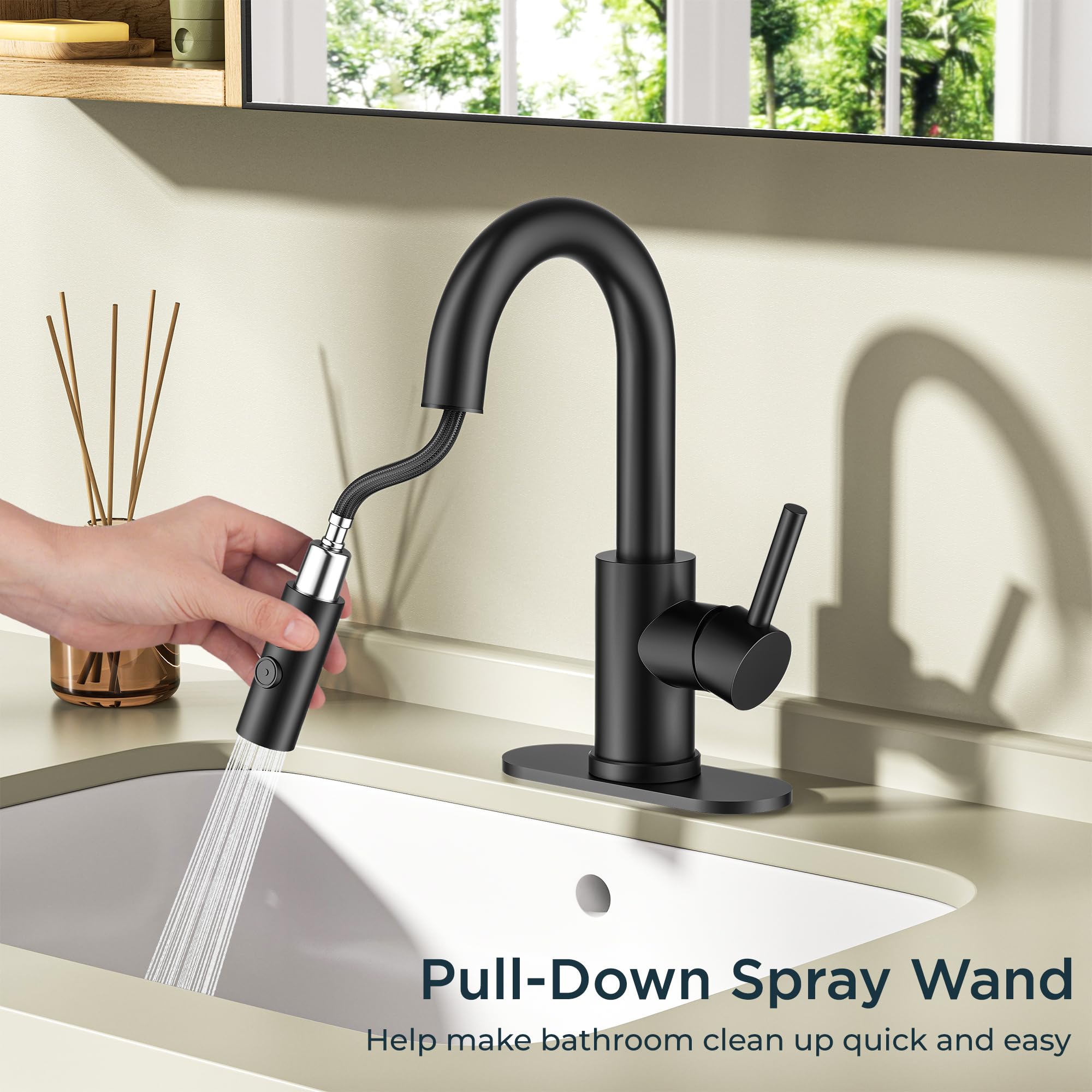 Grifo de baño Negro Mate con 1 Orificio, Grifo Monomando Giratorio de 360° para Lavabo con desagüe emergente