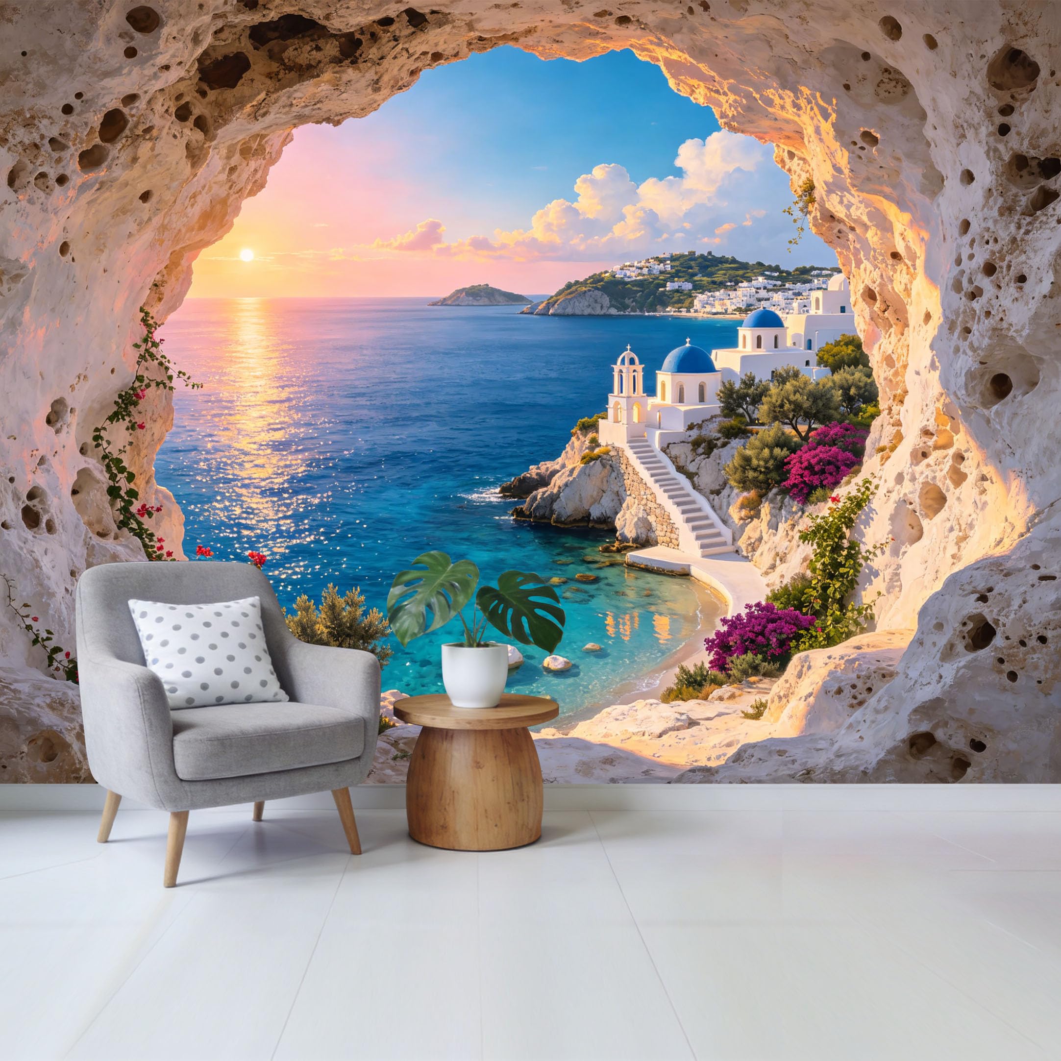Custom Size Wall Mural Mediterranean Coastal Sea View Sunset Cave Frame Removable Self Adhesive Fabric， Home Wall Decor for Living Room Bedroom Bathroom
