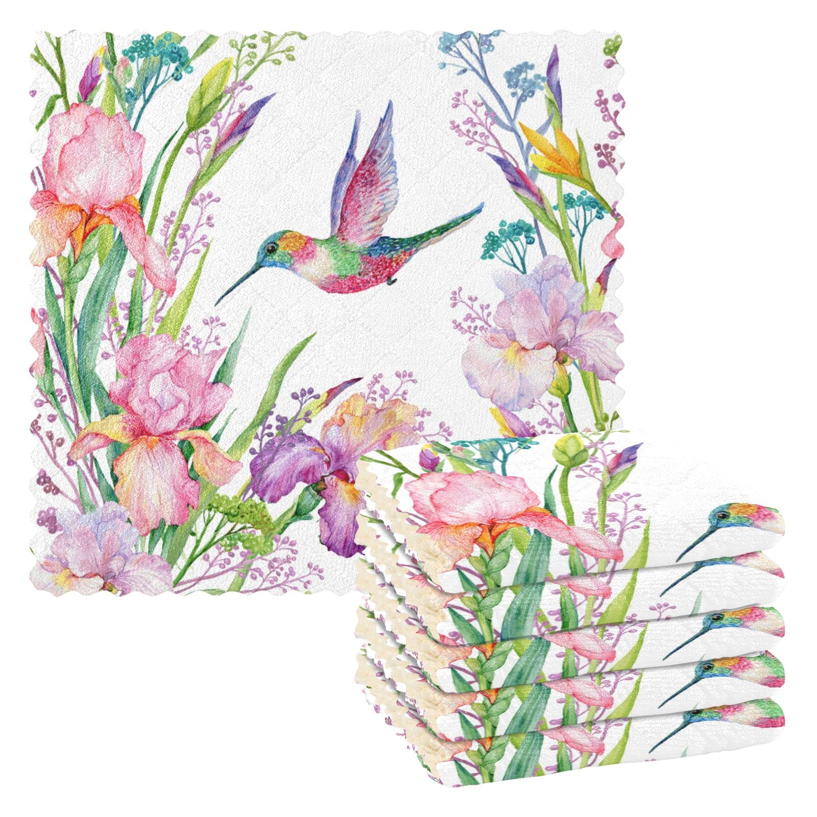 Quteprint Kitchen Dish Towels 6 Pack, Hummingbird Bird Flower Dish Cloths for Drying Dishes Absorbent Cleaning Cloths Washcloth Reusable Dishcloths