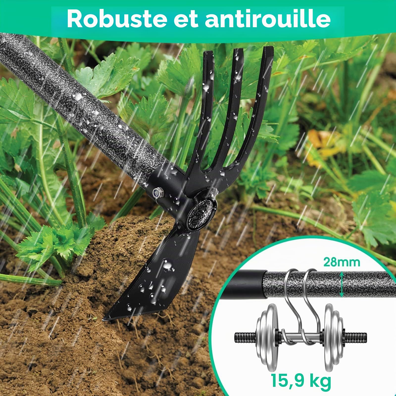 Houe de Jardin avec 2 Griffes, Largeur 114cm, Serfouette Binette Trident de Jardin pour Labourer et Désherber Le Sol, Cultivateur de Jardinage Manuel…