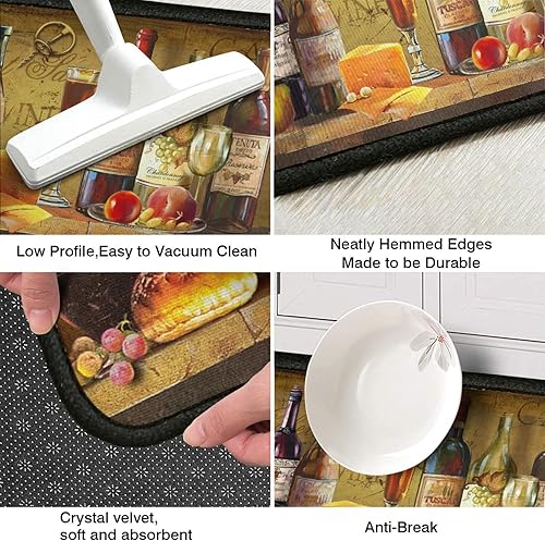 Miniatura 6 de Juego de 2 tapetes de cocina de vino, acolchados y alfombras, alfombra retro impermeable antideslizante para lavandería, decoraciones de vino de 17