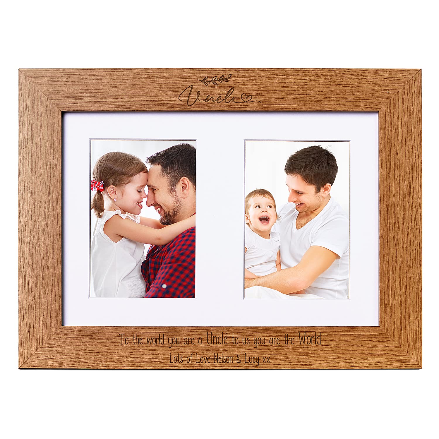 Personalised Uncle Wooden Double Brown Photo Frame Gift Portrait For 2 x 6" x 4" Pictures