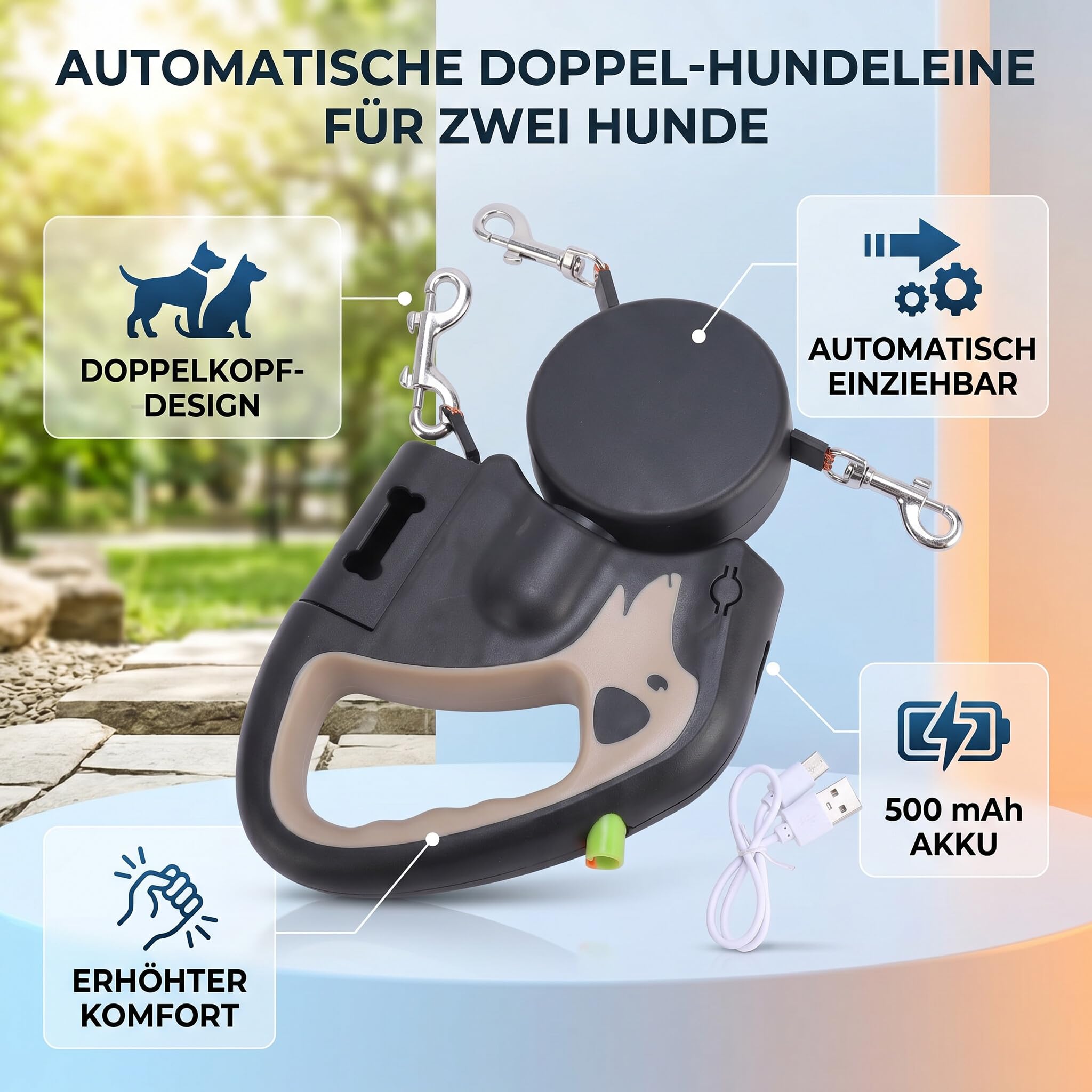 Tnfeeon Correa para Diseño de Doble Cabeza para Caminar 2 Perros Longitud Ajustable con Batería Incorporada de 500 MAh Correa de Tracción para Mascotas Retráctil Automático (Caqui)