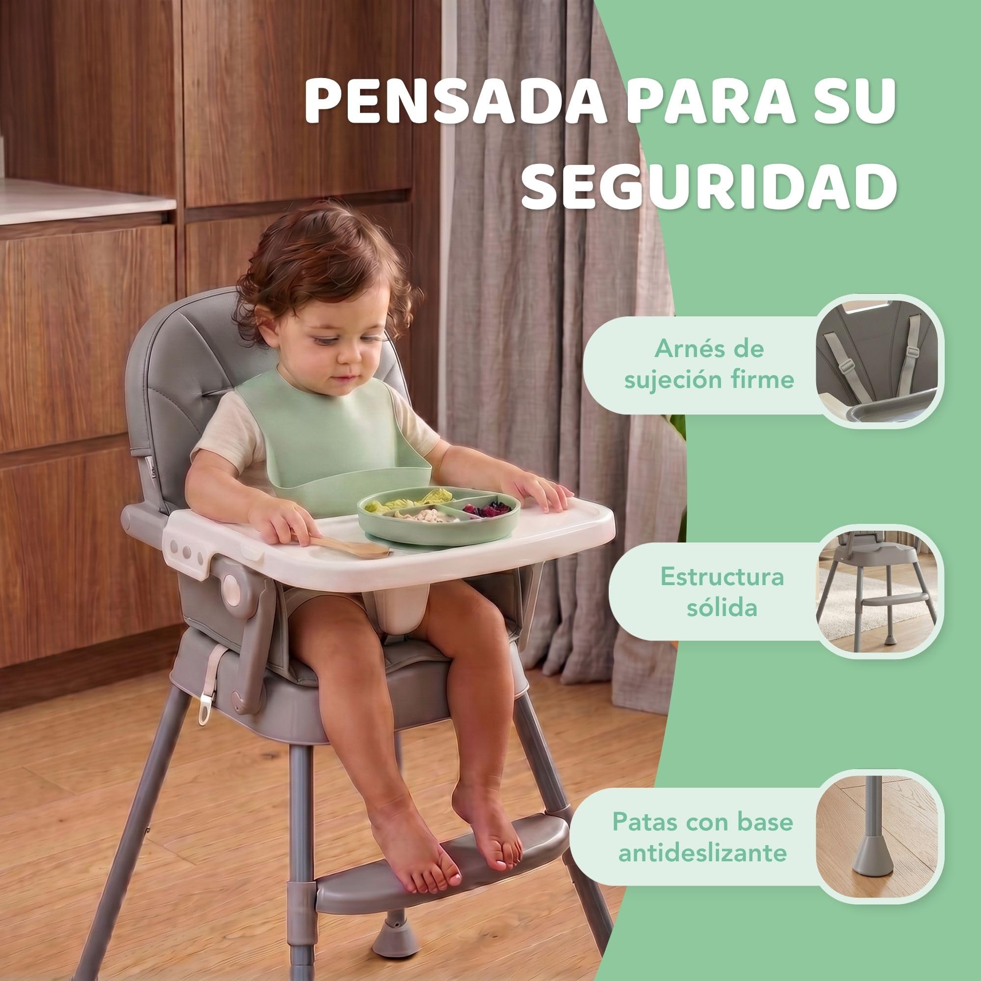 Tronas De Bebe 3 En 1 Con Kit Vajilla de Silicona – Silla Bebe Comer Con Asiento Acolchado - Trona Bebe Plegable Fácil De Limpiar, Montaje Rápido, Estabilidad