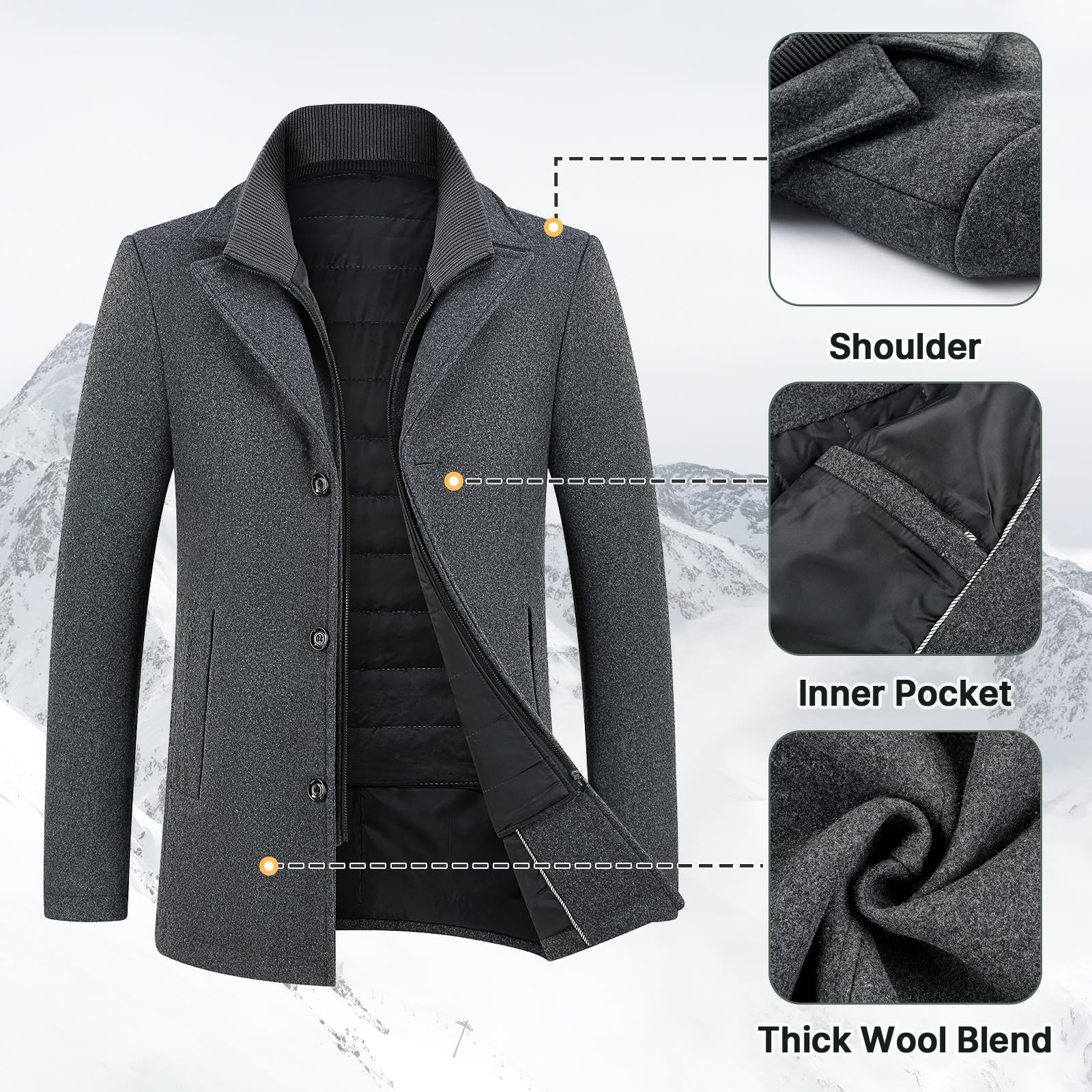 Herren Mantel und gepolsterte Weste 2-in-1 mittellanger Wintermantel | Wollmix-Mantel mit einreihigen Knöpfen, Business und Freizeit, geeignet für Büro, Pendeln und Alltag im Winter