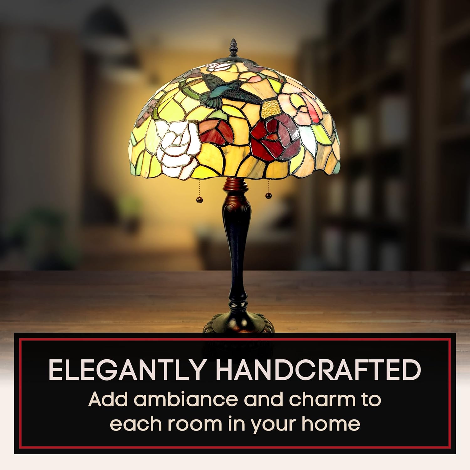 Amora Vintage Tiffany Table Lamp - Roses and Hummingbirds Table Night Light - Multicolor Glass Nightstand Lamp - 24” Tall Stained Glass Lamp