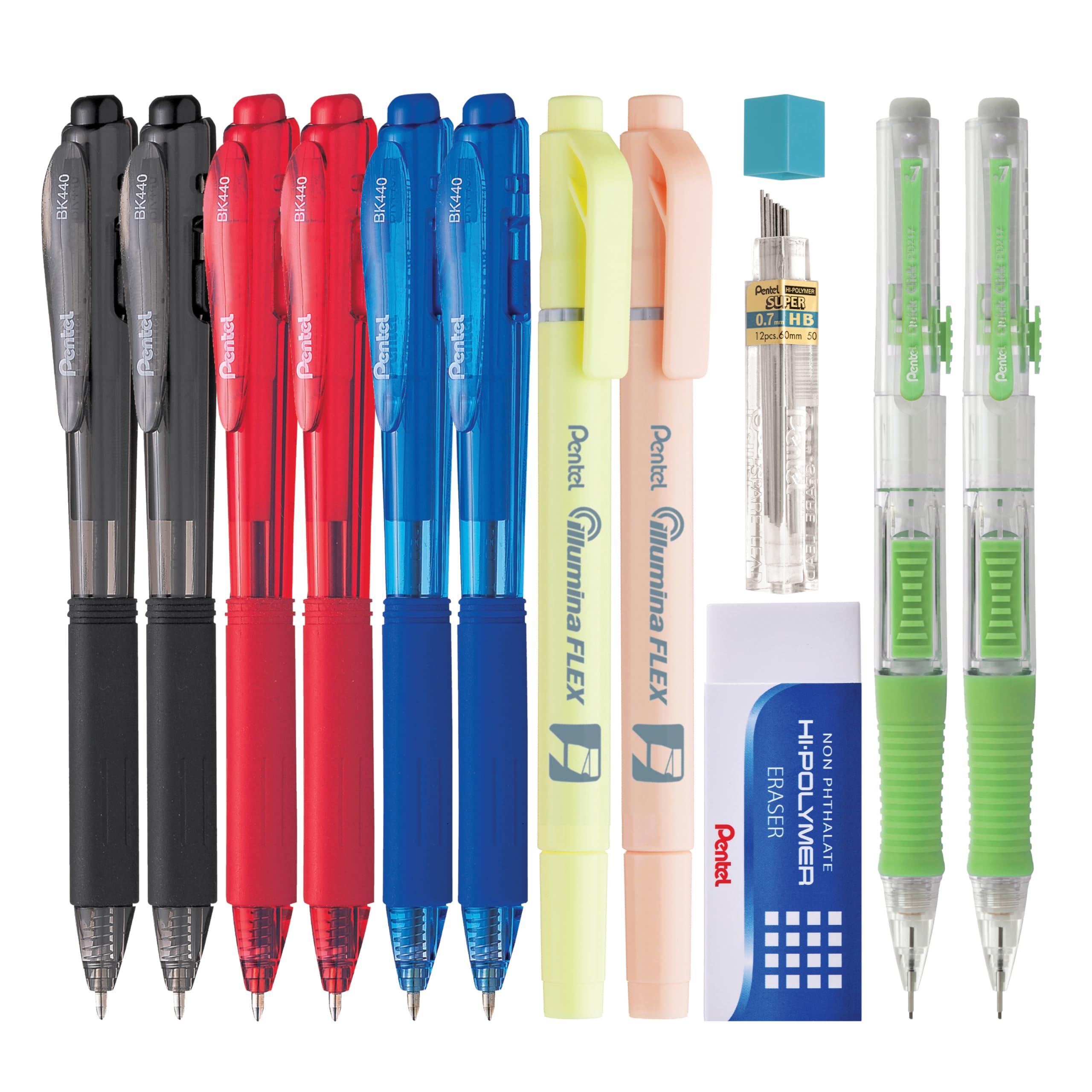 Pentel Assorted Pack, 6 Ballpoint Pens, 2 Mechanical Pencils, 2 Highlighters, 1 Eraser, 1 Tube of Refill Lead