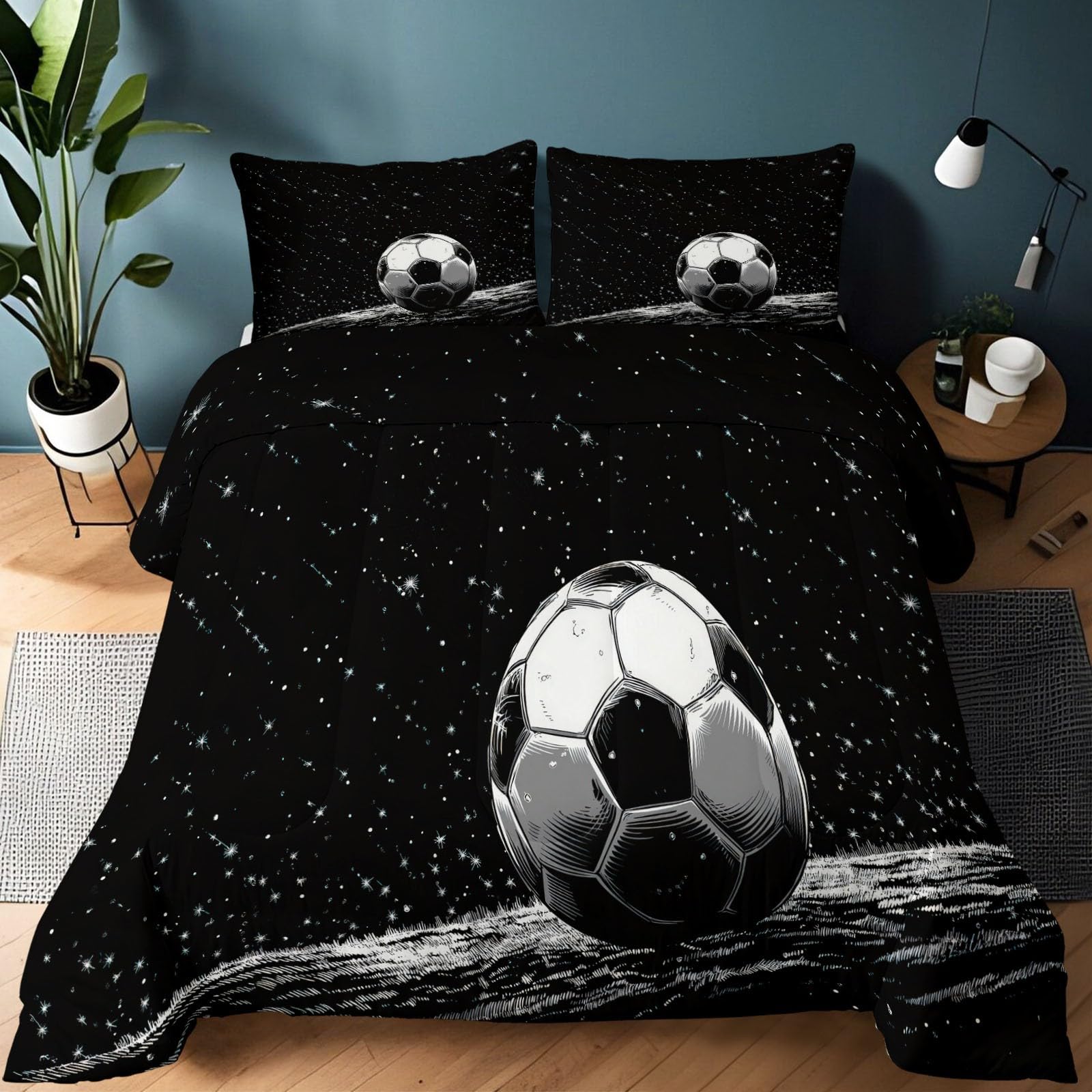 Couette 220x240 football avec 2 taies d'oreiller pour lit double