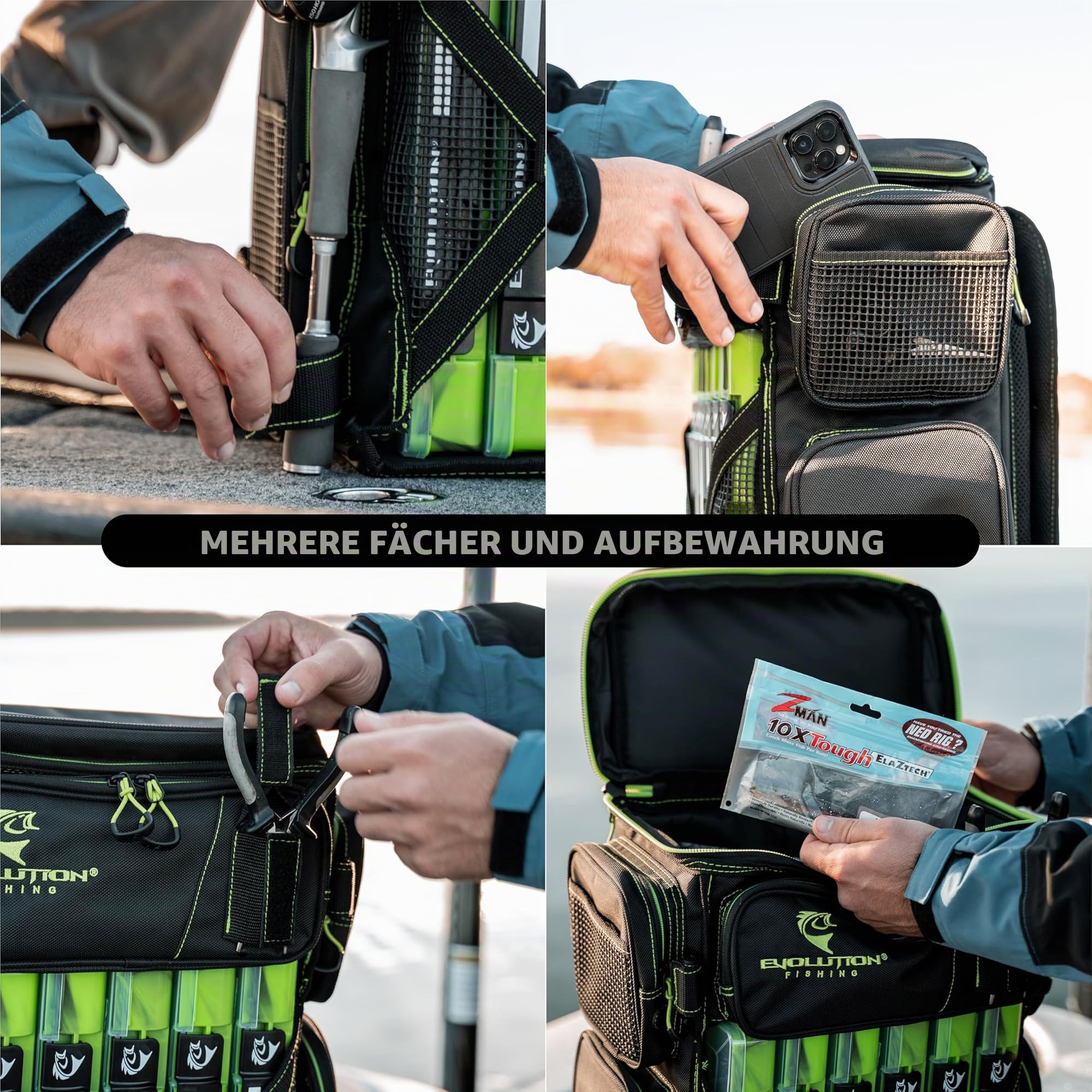 Evolution Fishing Drift-Serie 3700 Angelrucksack mit QuikLatch-System und 2 Rutenhaltern, robust, mit 6Tackle-Boxen, Grün