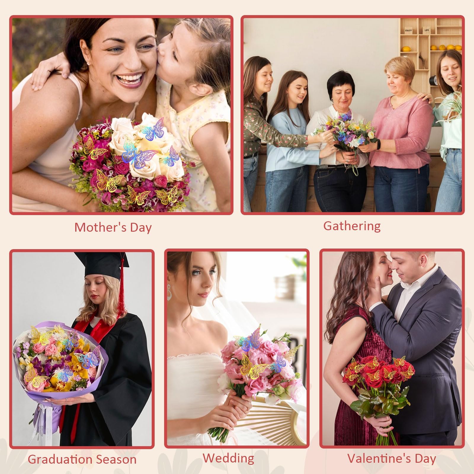 MARFOREVER Gold Crowns for Flower Bouquets, Flower Bouquet Accessories Set 24 Butterflies 2 Crown Topper & 2 Sliver Glitter Powder for Mothers Day Cake Wedding Party Wedding Graduation Decoration