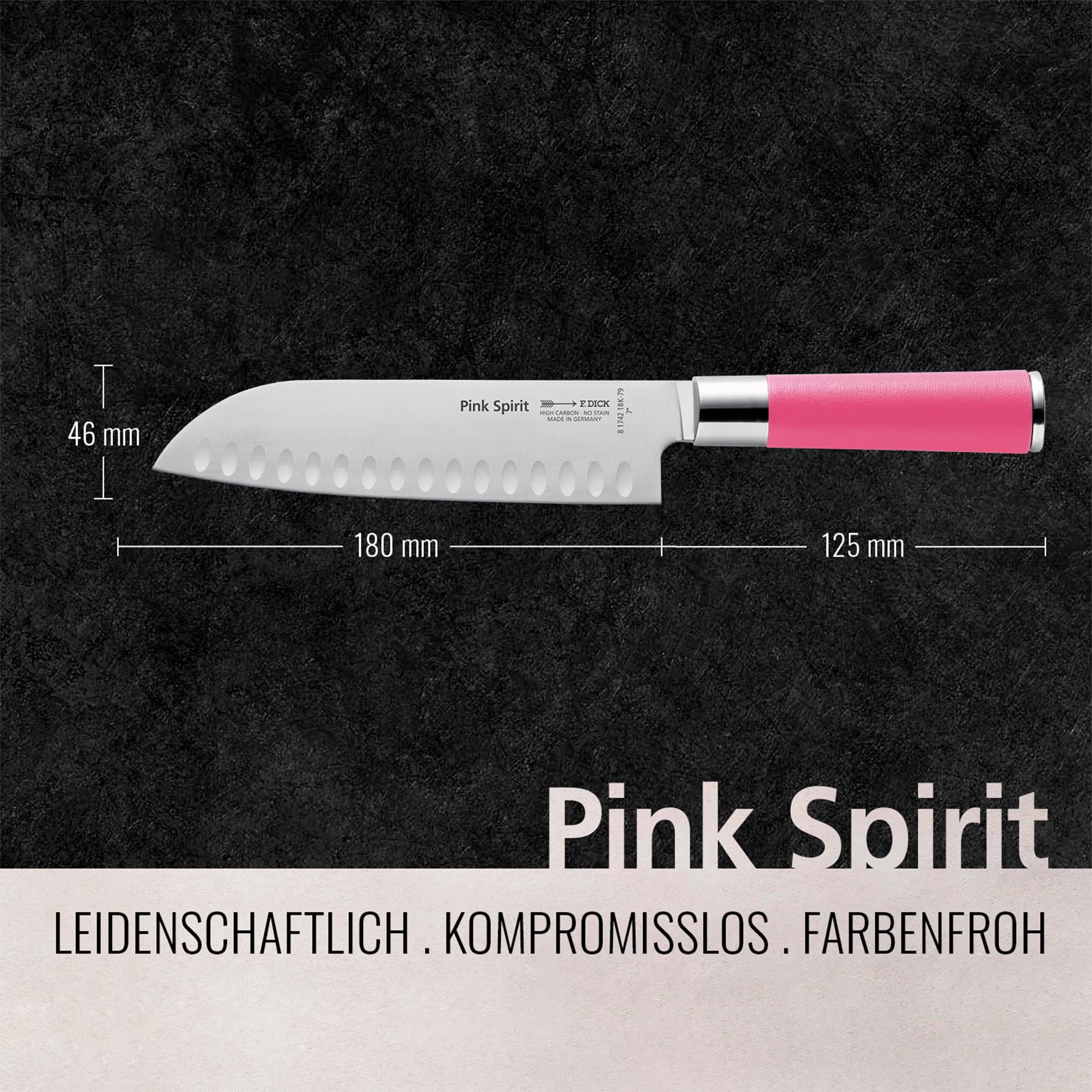 F. DICK Pink Spirit 8 1742 182K-79 - Cuchillo Santoku (longitud de la hoja: 18 cm, acero inoxidable con filo alveolado, hoja probada con láser, acero X55CrMo14, mango de plástico) | Afilado, de acero inoxidable de alta aleación, hoja probada con láser, ac