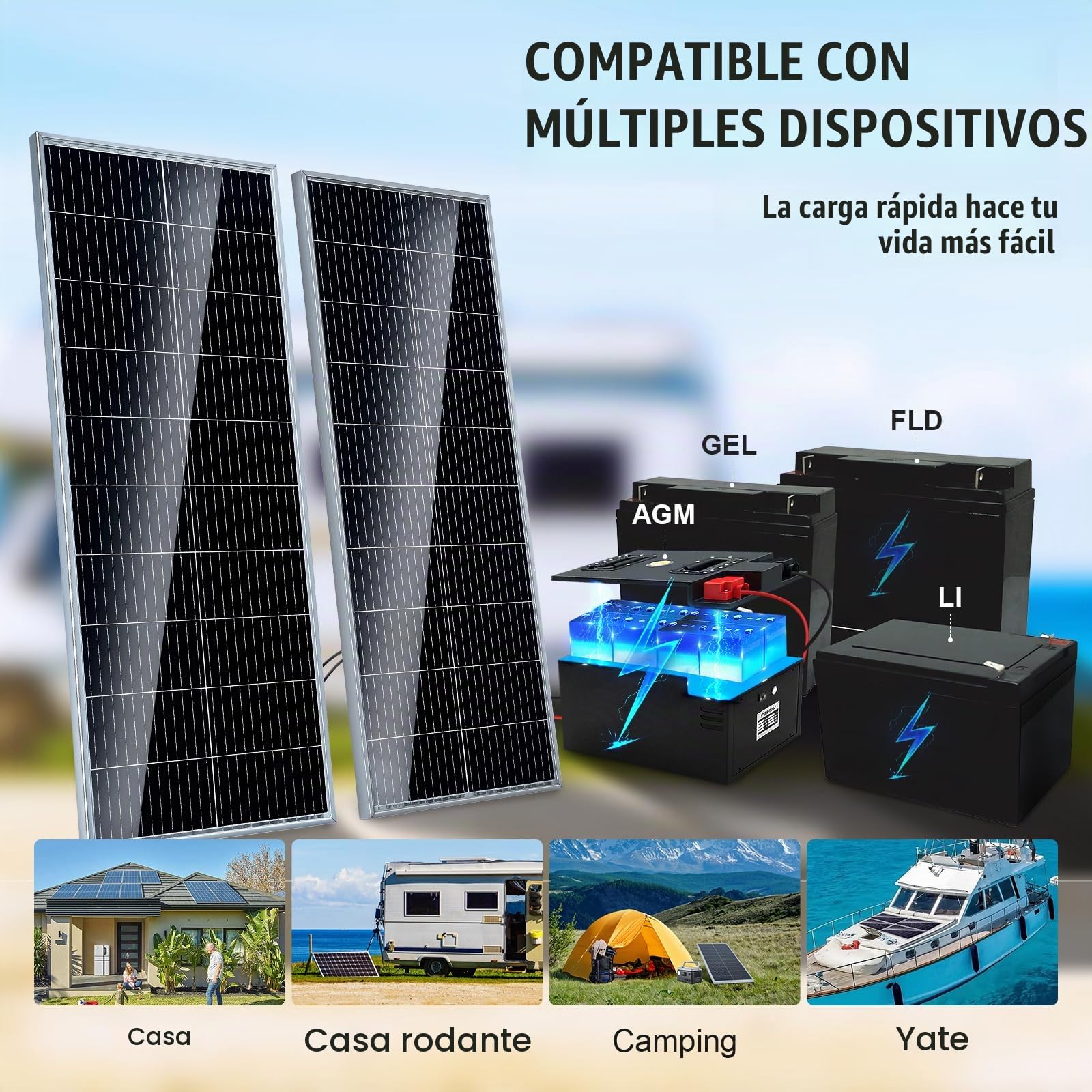 VEVOR Kit de Panel Solar Monocristalino 200W 2 Paneles Solares y Controlador de Carga Módulo Fotovoltaico Monocristalino de Alta Eficiencia 23% Impermeable IP68 para el Hogar, RV, Barco, Fuera de Red
