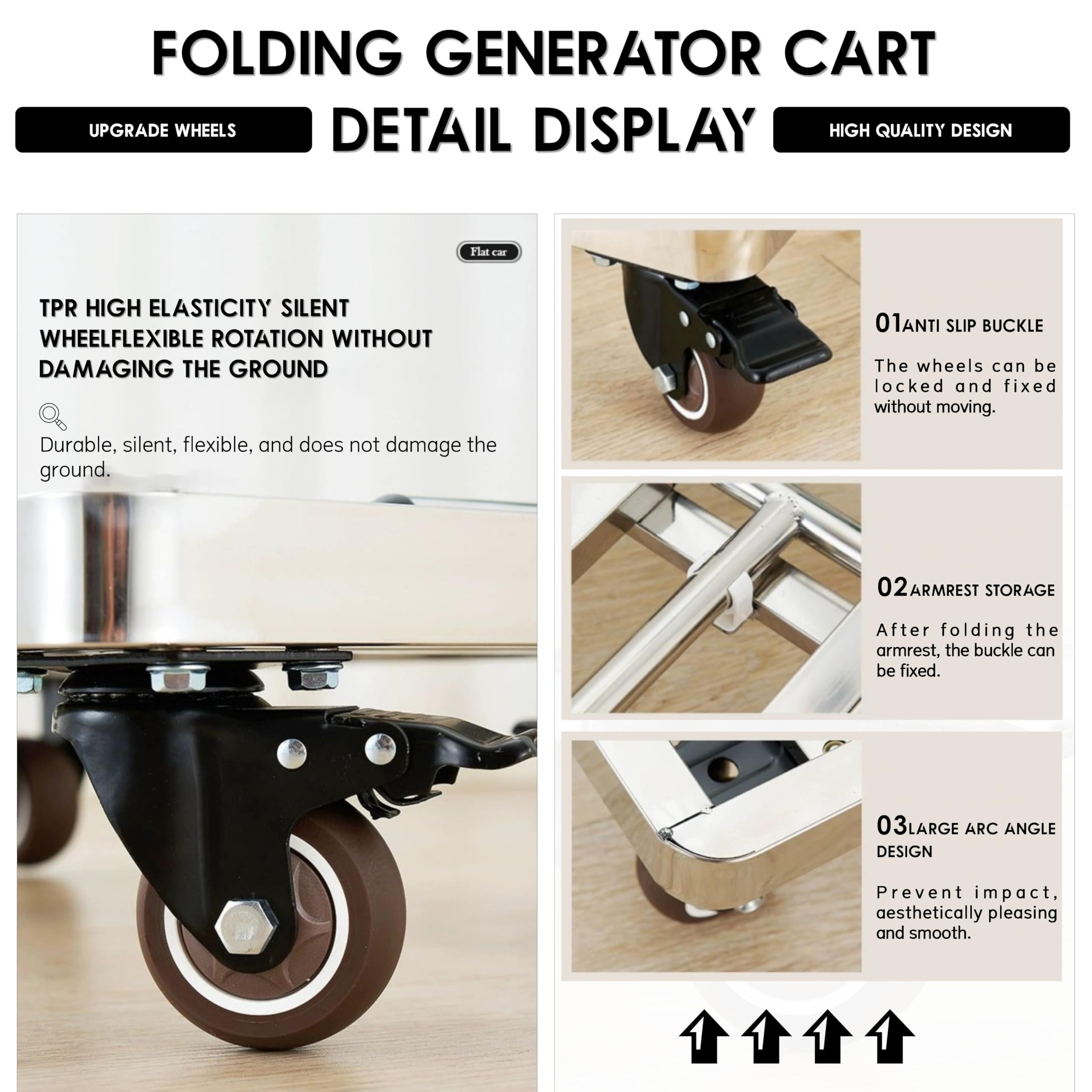 Carrello Pieghevole Per Traslochi JCGJ In Acciaio Inossidabile - Capacità 226,8 Kg, 4 Ruote TPR Silenziose, Maniglia Ergonomica, Con Corda Elastica, Ideale Per Bagagli E Trasporto Pesante