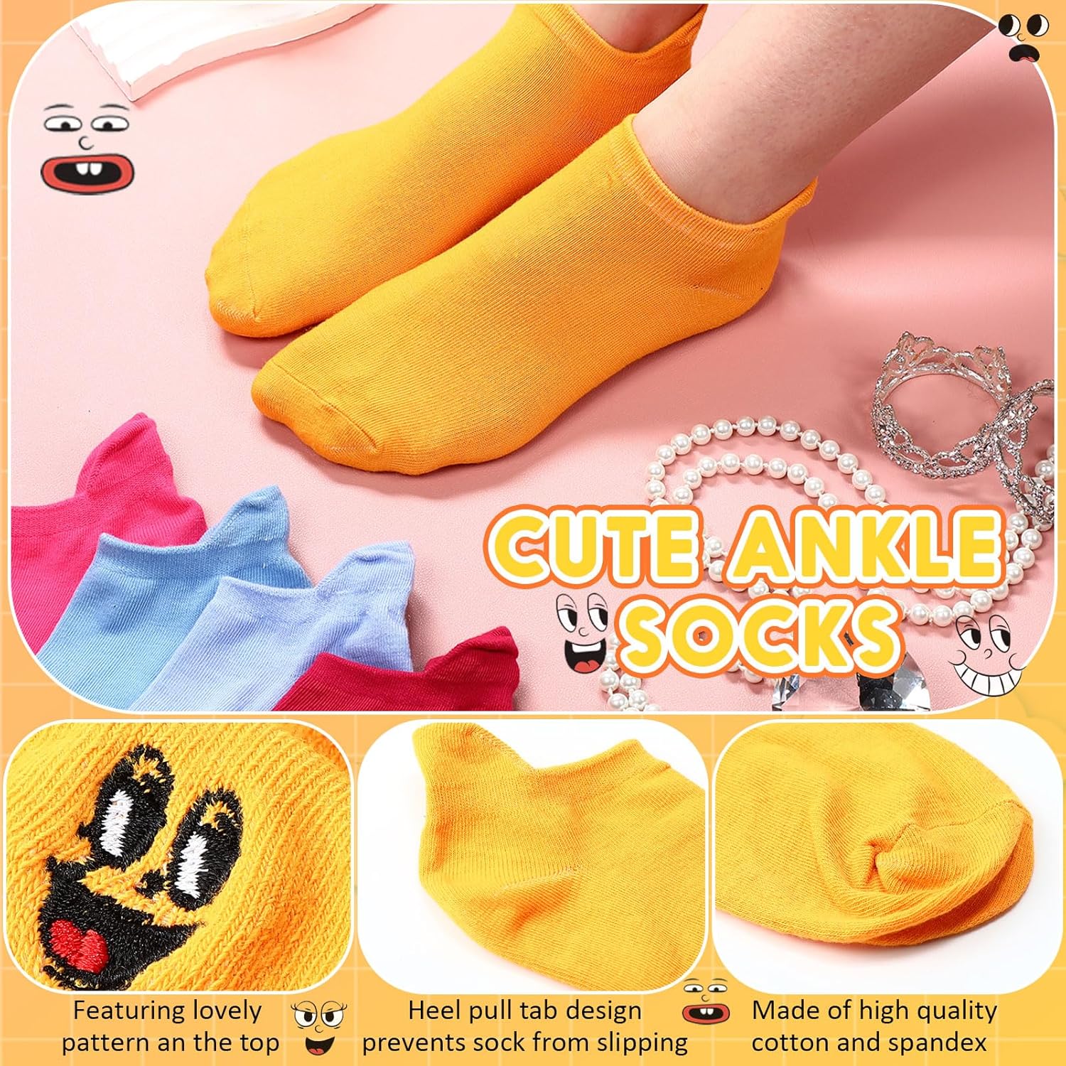 20 Pack Crazy Funny Emotion Ankle Socks Kawaii Happy Face Embroidered Cute Cotton Low Cut Socks for Women