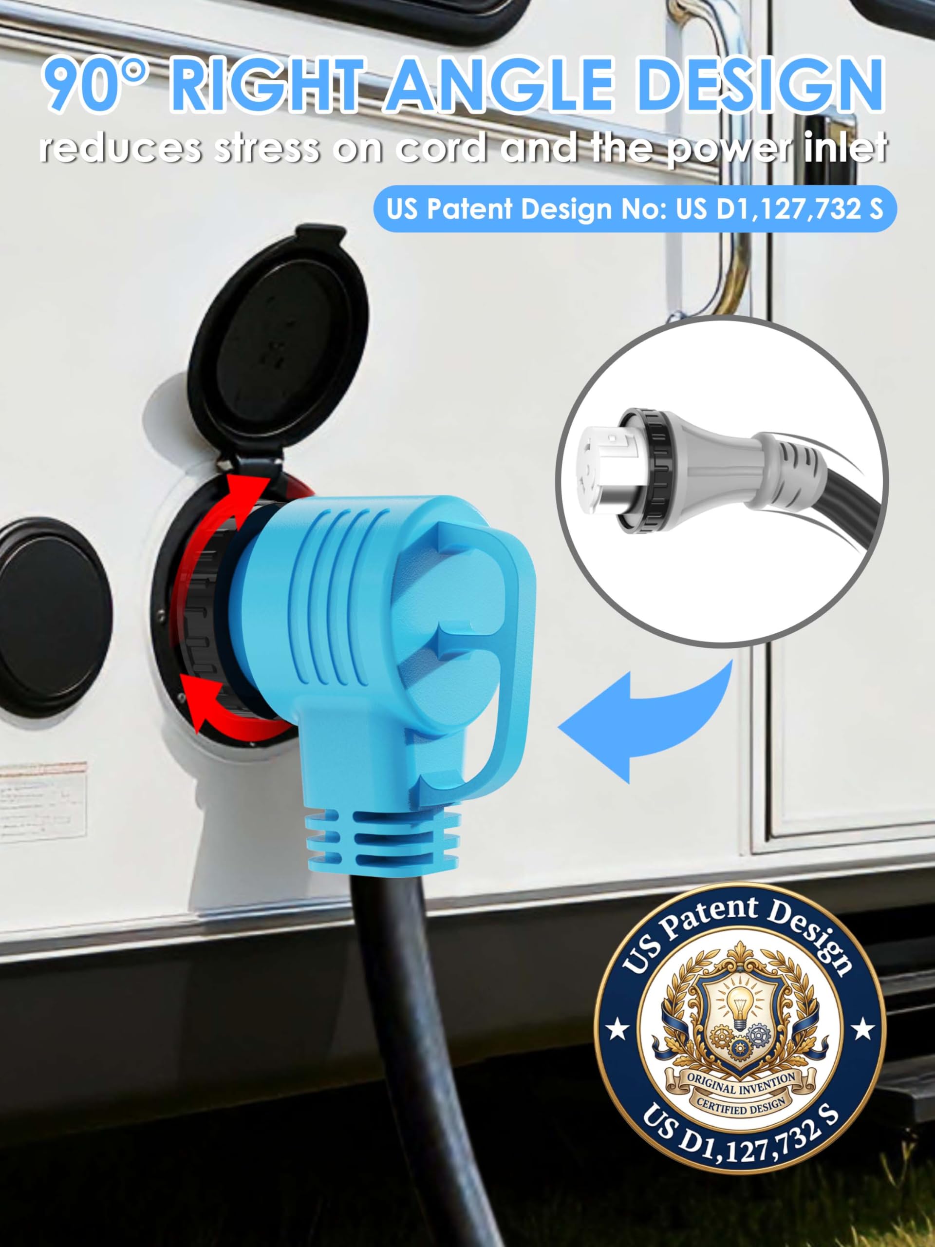 50 Amp 50ft RV Generator Power Cord 14-50P SS2-50R 90° Angle UL Listed Blue