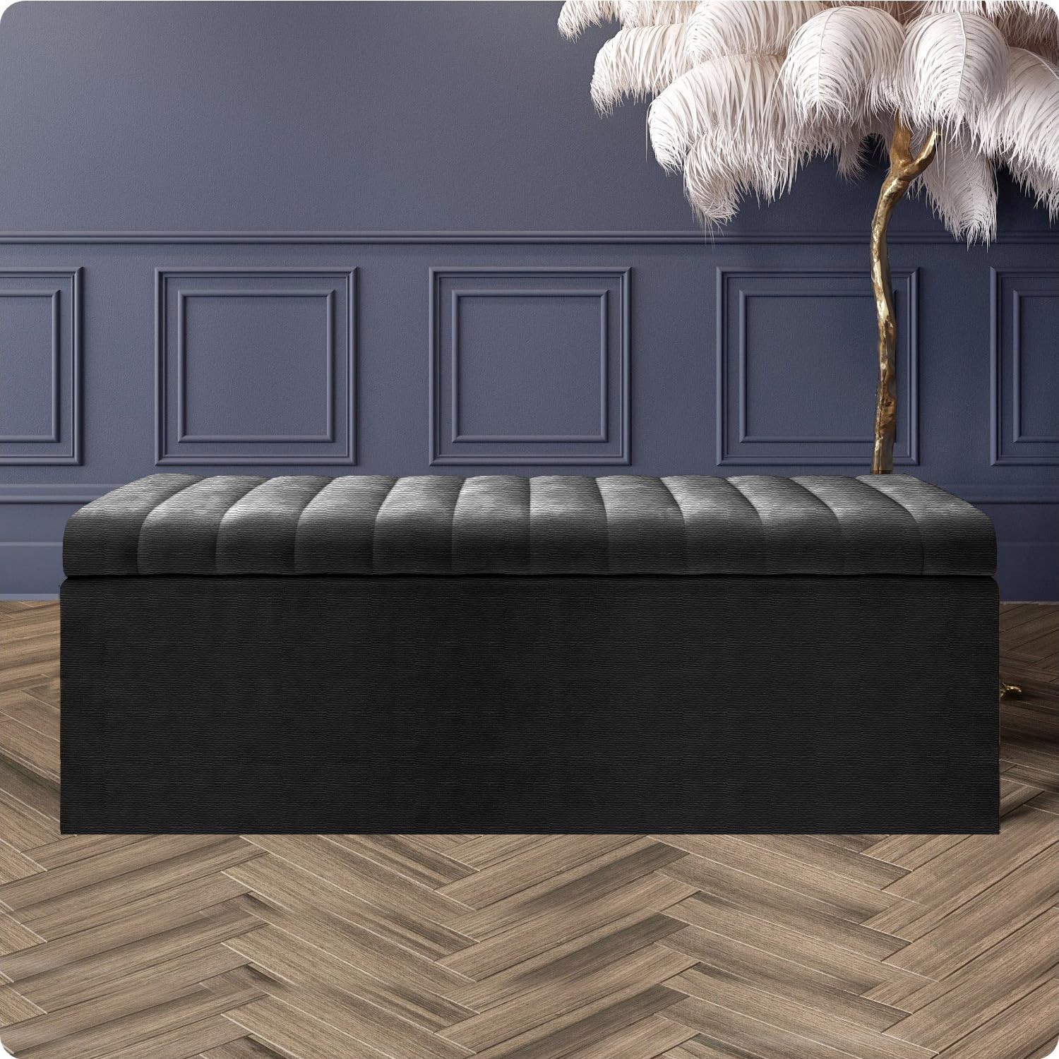 Naples Velvet Ottoman Storage Box, Upholstered Blanket Box with Hinged Lid, Bedroom Storage Ottoman, End of Bed Storage Bench, Padded Ottoman Storage Seat for Living Room & Hallway