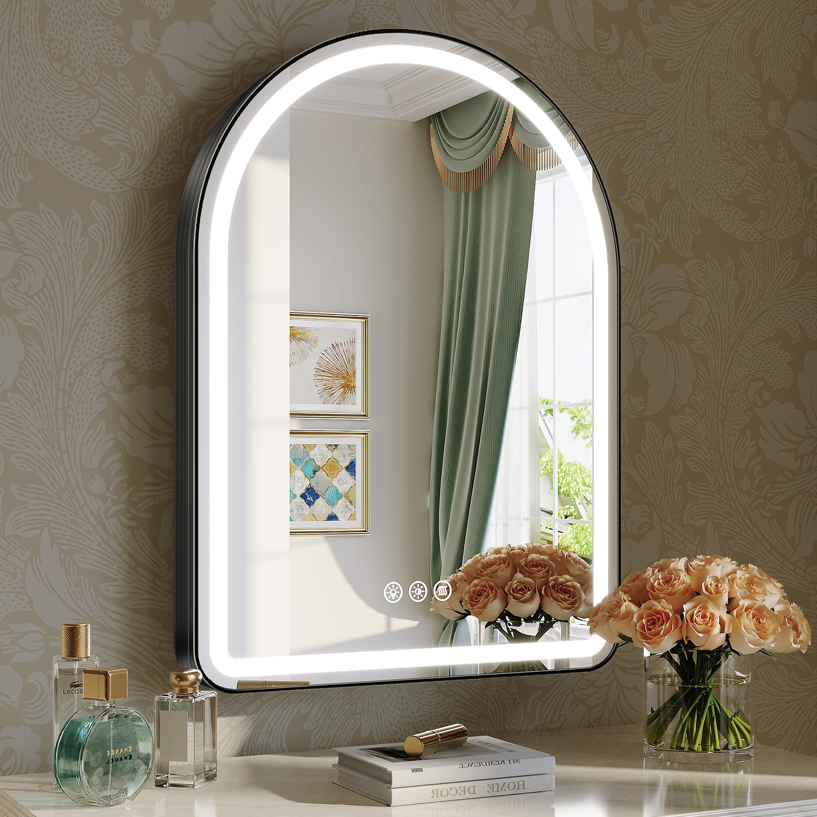 Arched LED Bathroom Mirror, 22"x 30" Black Arch Lighted Bathroom Mirror, Smart Vanity Wall Mirrors with Brushed Aluminum Frame for Bedroom with Anti-Fog Dimmable 3 Colors and Lights