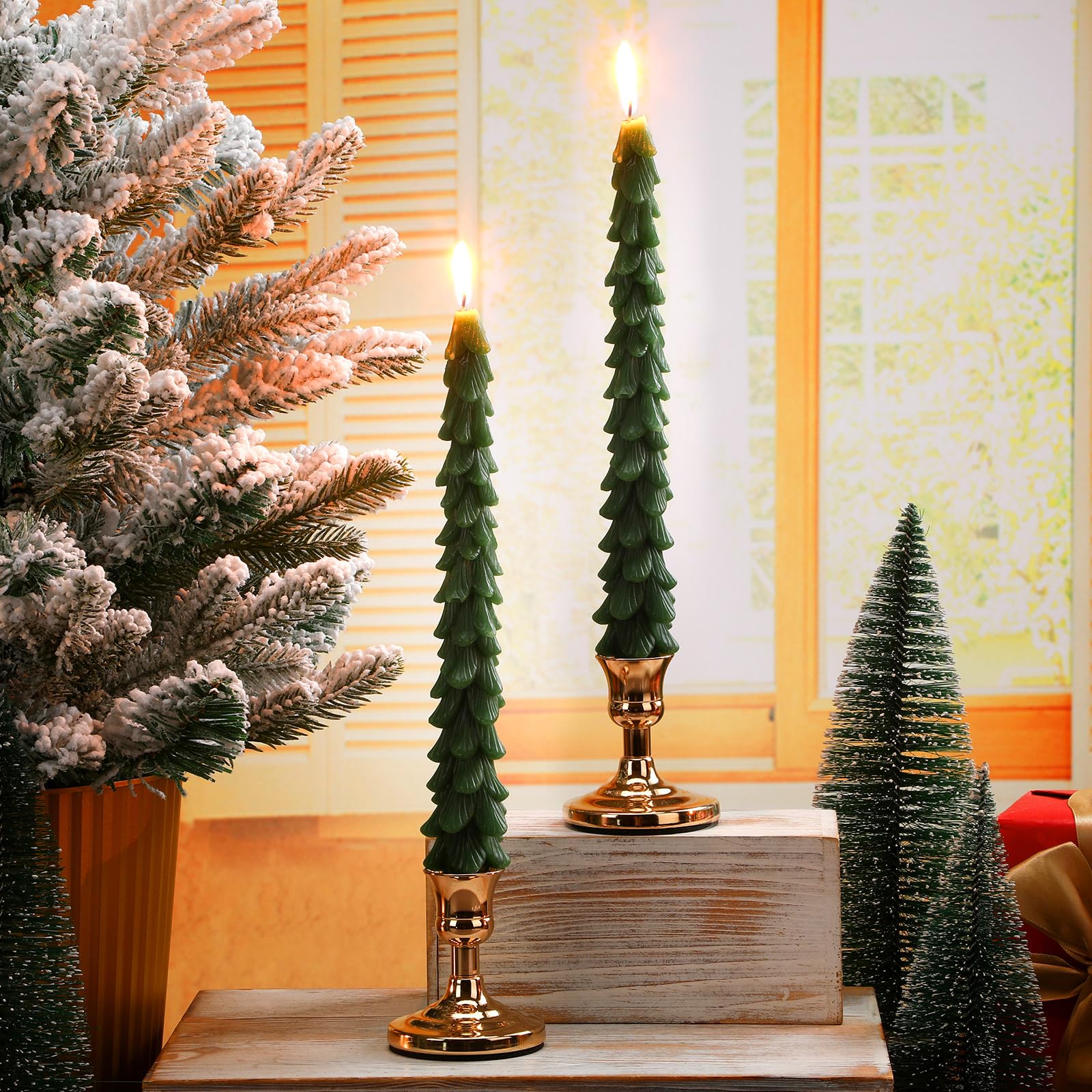 Conelist Christmas Tree Candles with Candle Holder Christmas Tree Shaped Taper Candles Christmas Decorative Candles Holiday Gifts for Women with Brass Candlestick Holder Centerpieces (2 Set,Classic)