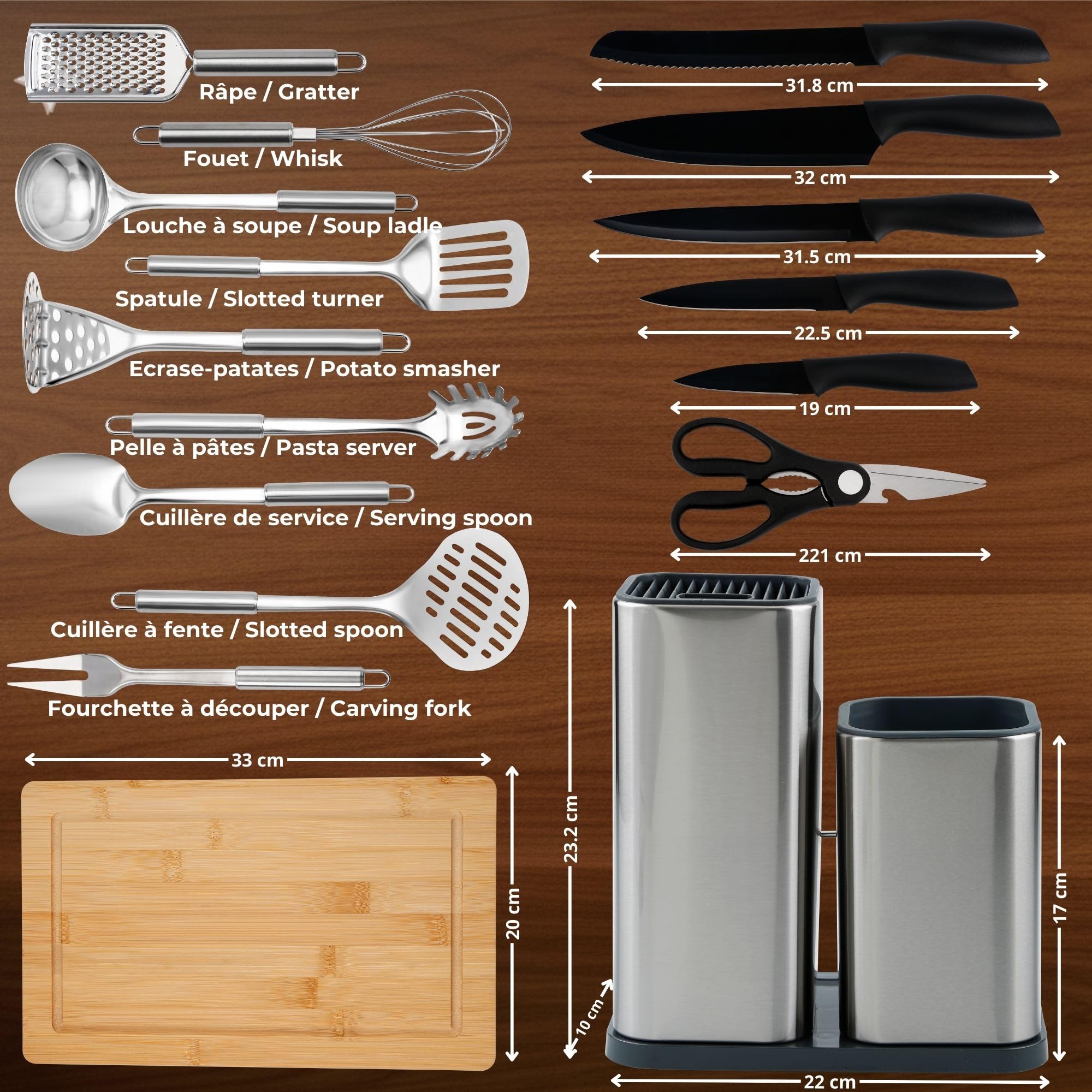 Kit complet de Couteaux et Ustensiles de Cuisine de 17 pièces en Acier Inoxydable avec Couteaux Set Ustensile Support et Planche Kit Ustensiles Cuisine Inox Accessoires de Cuisine
