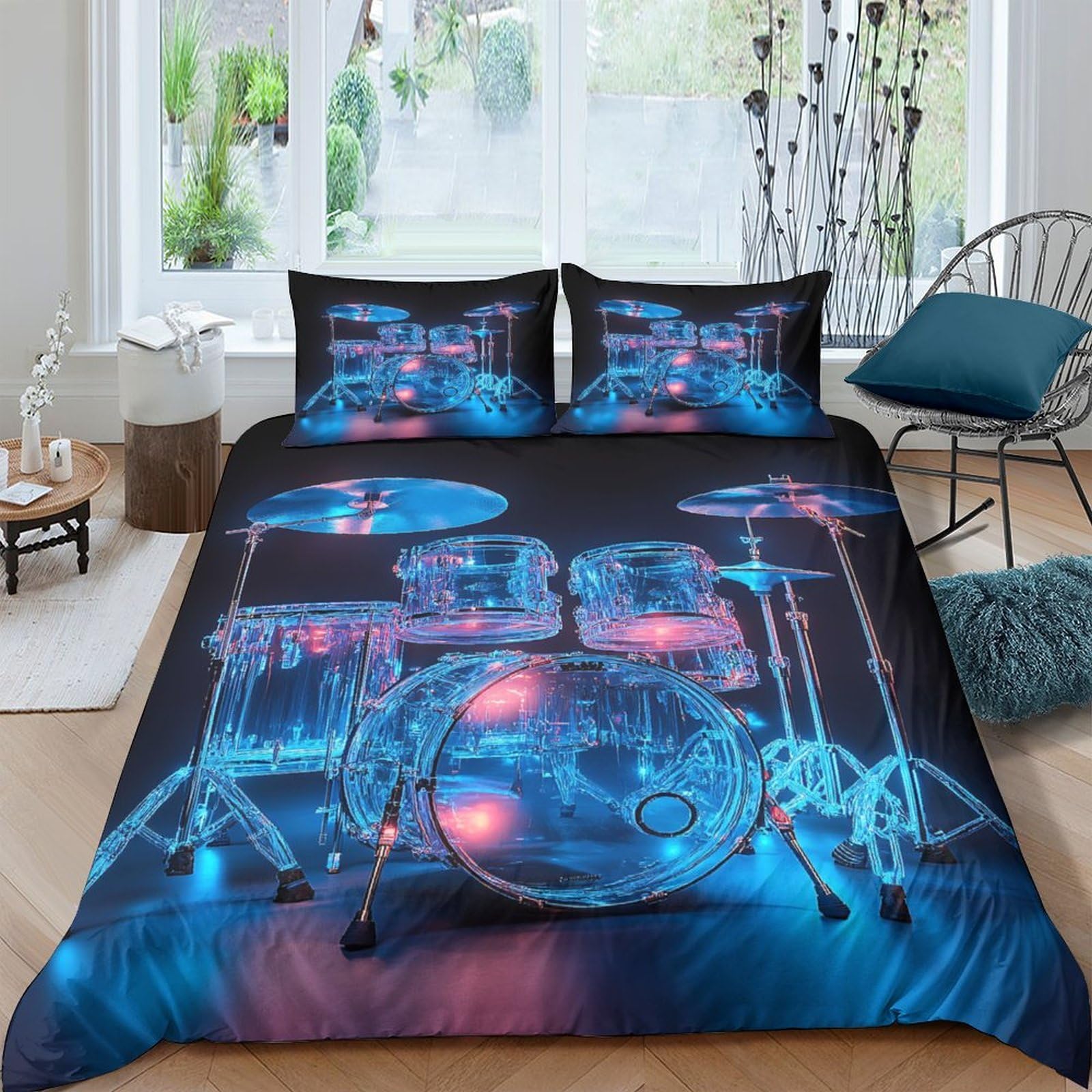 Ctjqhvkz Style-10 3D Printed Drum Kit Fitted Sheet Microfiber Soft Slip-Resistant Blue Neon Lights Bed Cover For Bedroom Dorm Room Single（135X200cm）