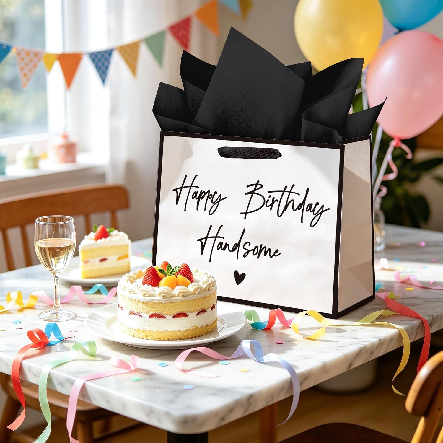 WRAPAHOLIC 13" Large Funny Birthday Gift Bag with Tissue Paper - White Happy Birthday Handsome Lettering Paper Bags for Men, Husband, Boyfriend, Fiance and Crush image 5