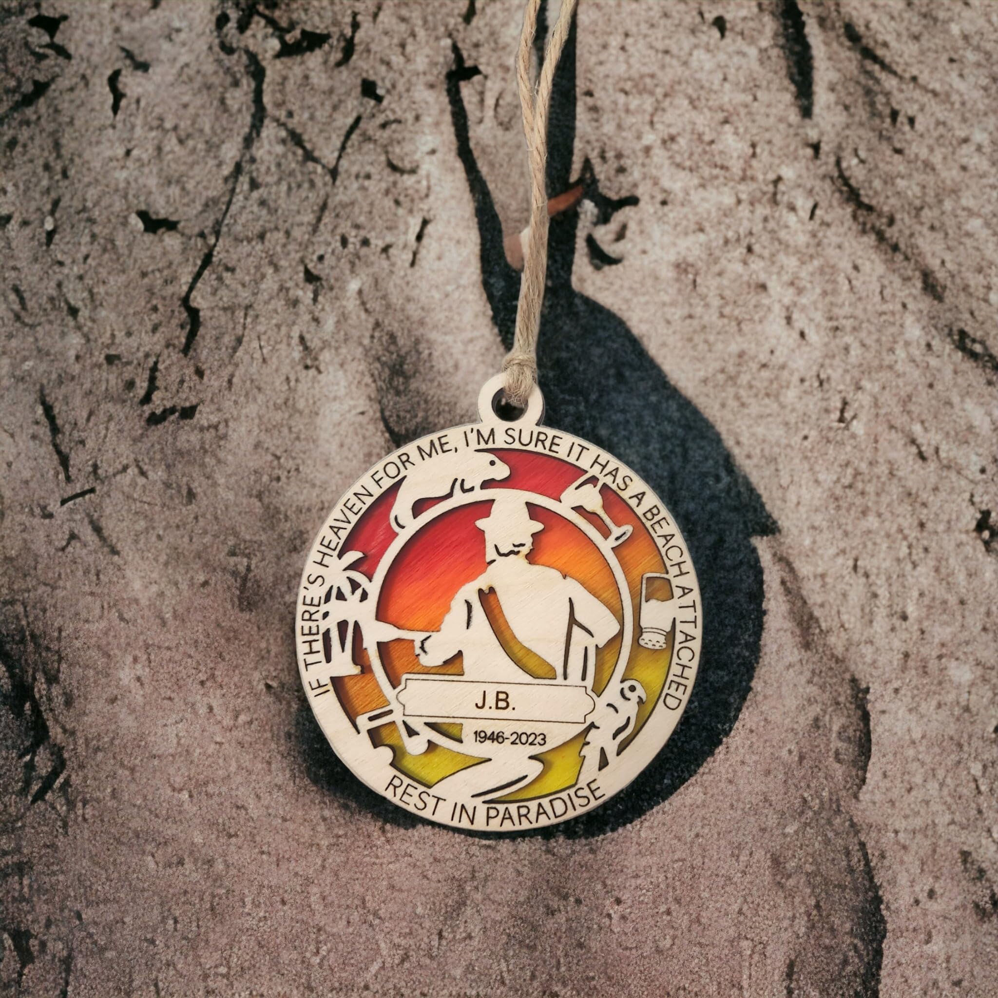 Celebrate the Margarita Legend with Our Handcrafted Jimmy Memorial Ornament (J.B., natural wood stain (brown))