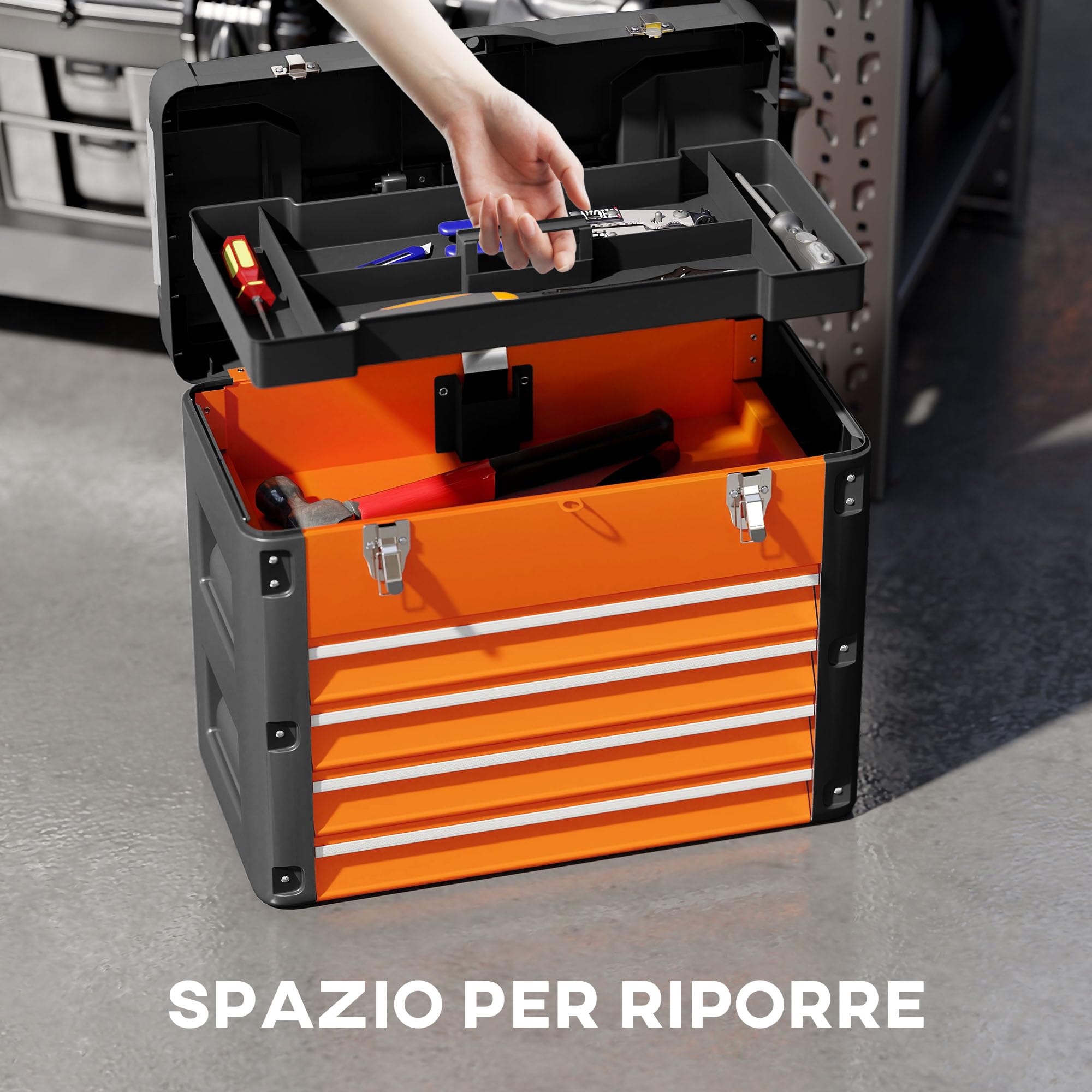 HOMCOM Cassetta Porta Attrezzi con 4 Cassetti Arancione e Nero | Scomparto Superiore, Cassettiera per Utensili e Minuterie, in Acciaio e Plastica