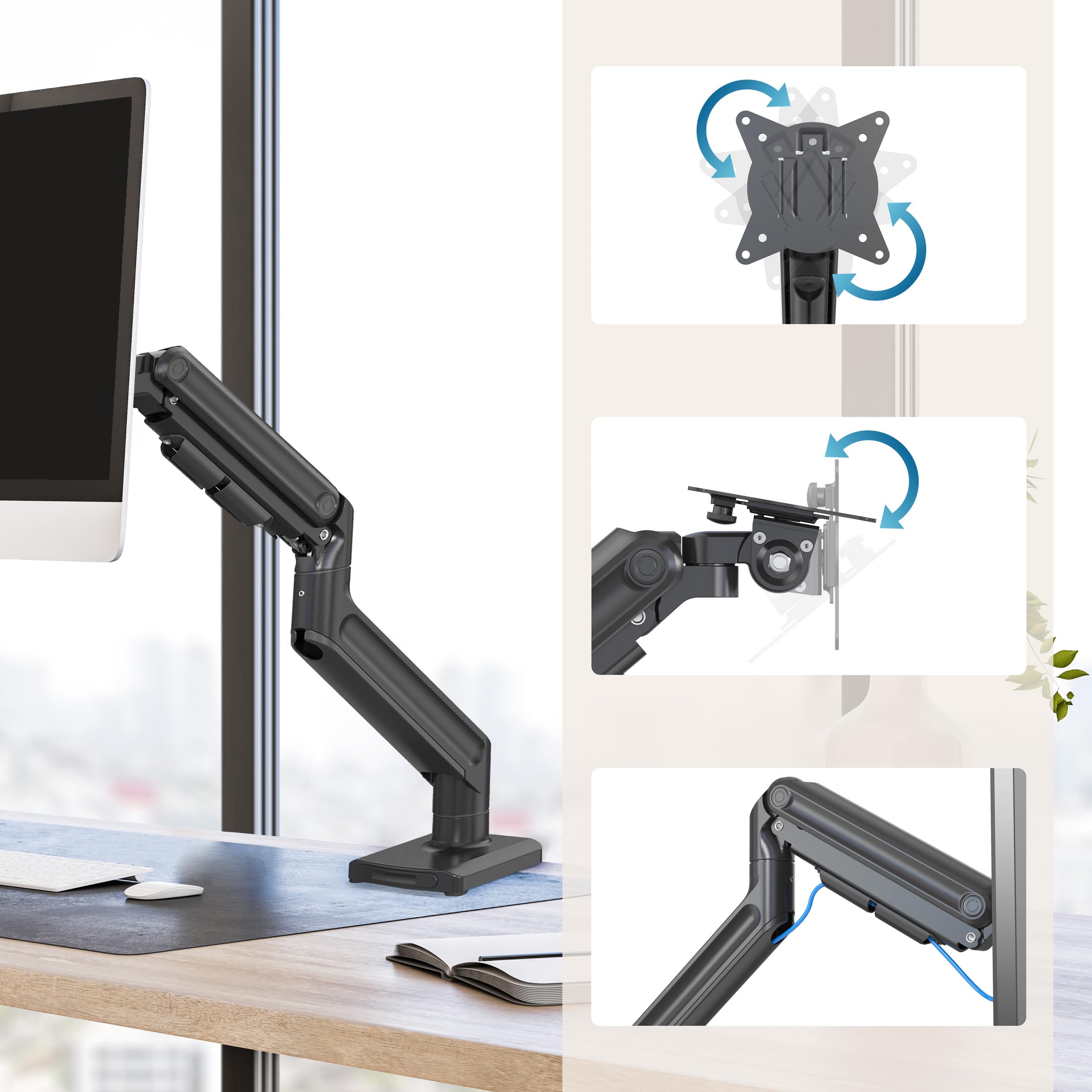 hjh OFFICE Monitorhalterung 1-Arm 15 – 42 Zoll VM-MG1S Gasfeder XXL Monitorarm individuell anpassbar, 20kg belastbar, Schwarz