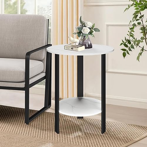 HAOBO HOME Mesa auxiliar redonda con estantes de almacenamiento mesa de 2 niveles para sala de estar dormitorio marcos de metal y tablas de madera