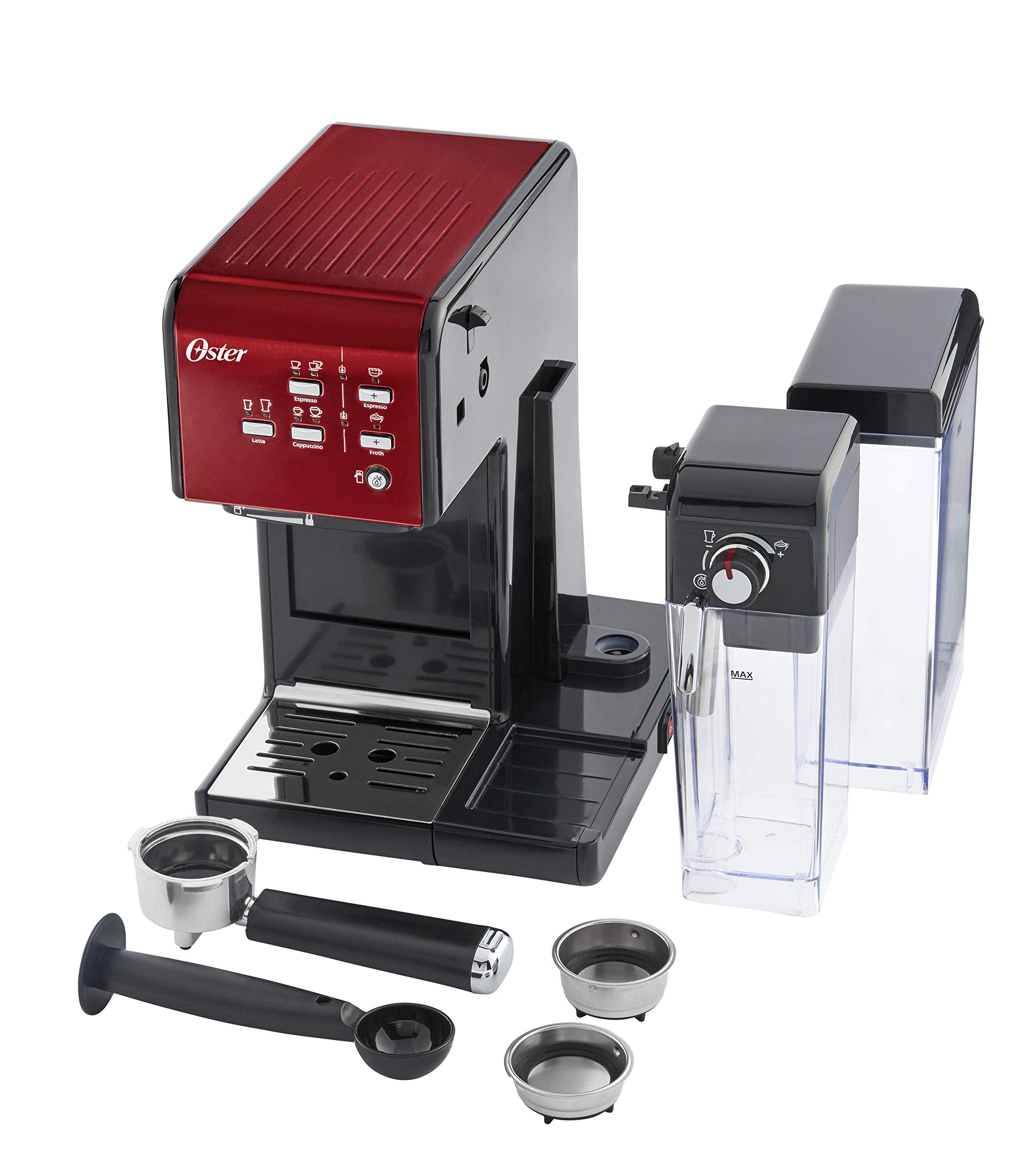 Oster Prima Latte II, Macchina Automatica per Caffè 3 in 1 per Caffè Espresso, Cappuccino e Latte Schiumato, 19 bar, Rosso