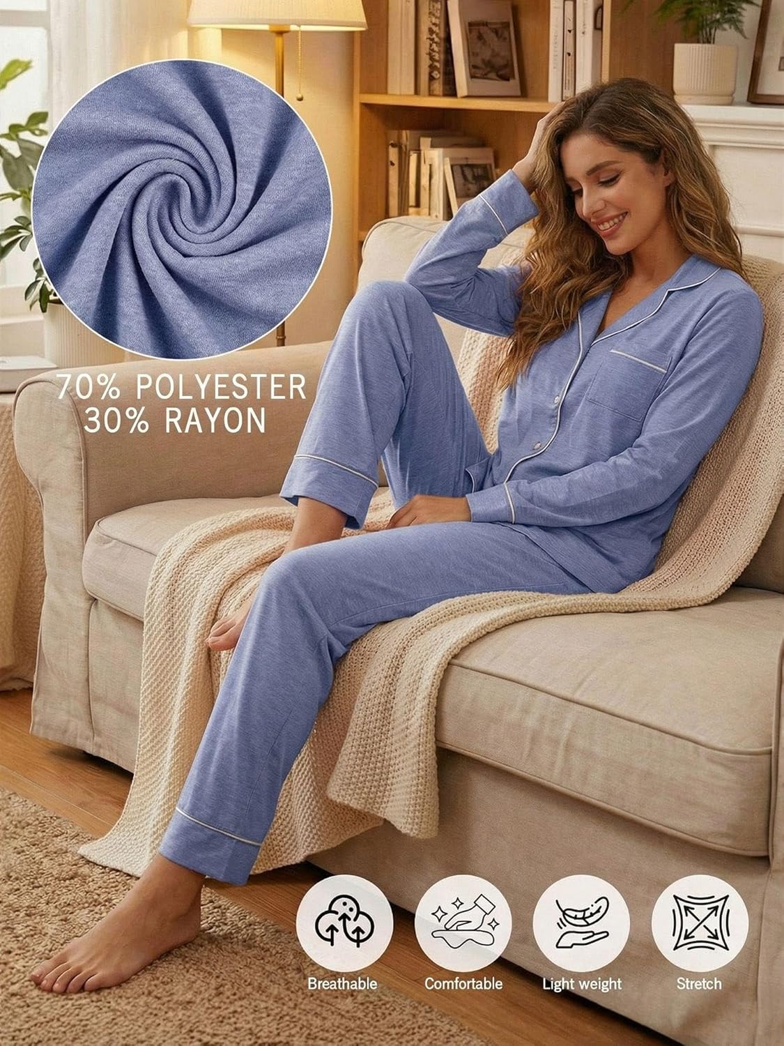 2 Pack Womens Pajama Sets Long Sleeve Button Down Sleepwear 2 Piece Soft Warm Notch Collar Nightwear Pjs Lounge Set - Image 7