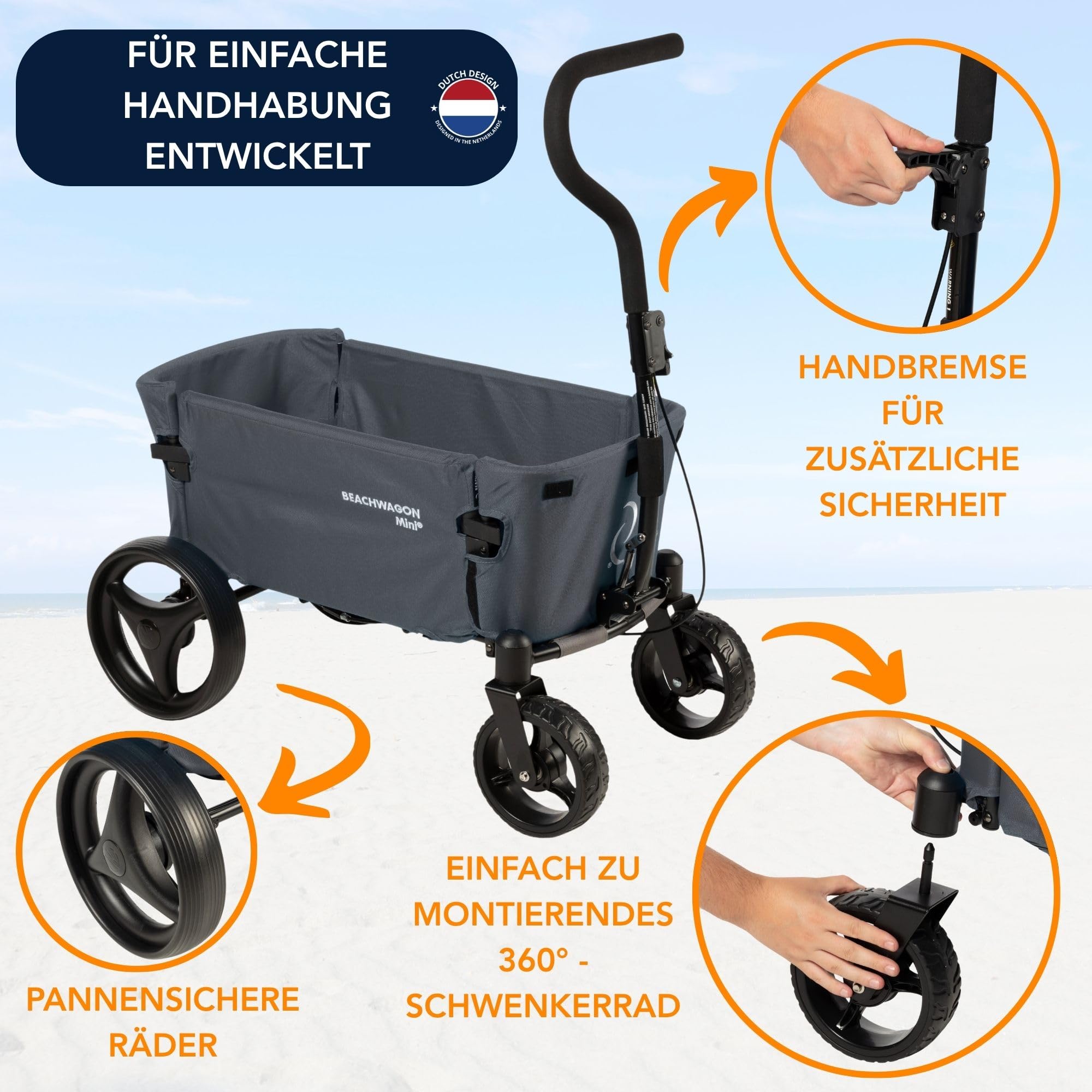Beach Wagon Faltbarer Bollerwagen MINI Combideal - 40 kg - Kompakter und Leichter Handwagen mit Fleece Wanneneinlage - Strandwagen, Gartenwagen und Campingwagen - Dunkelgrau