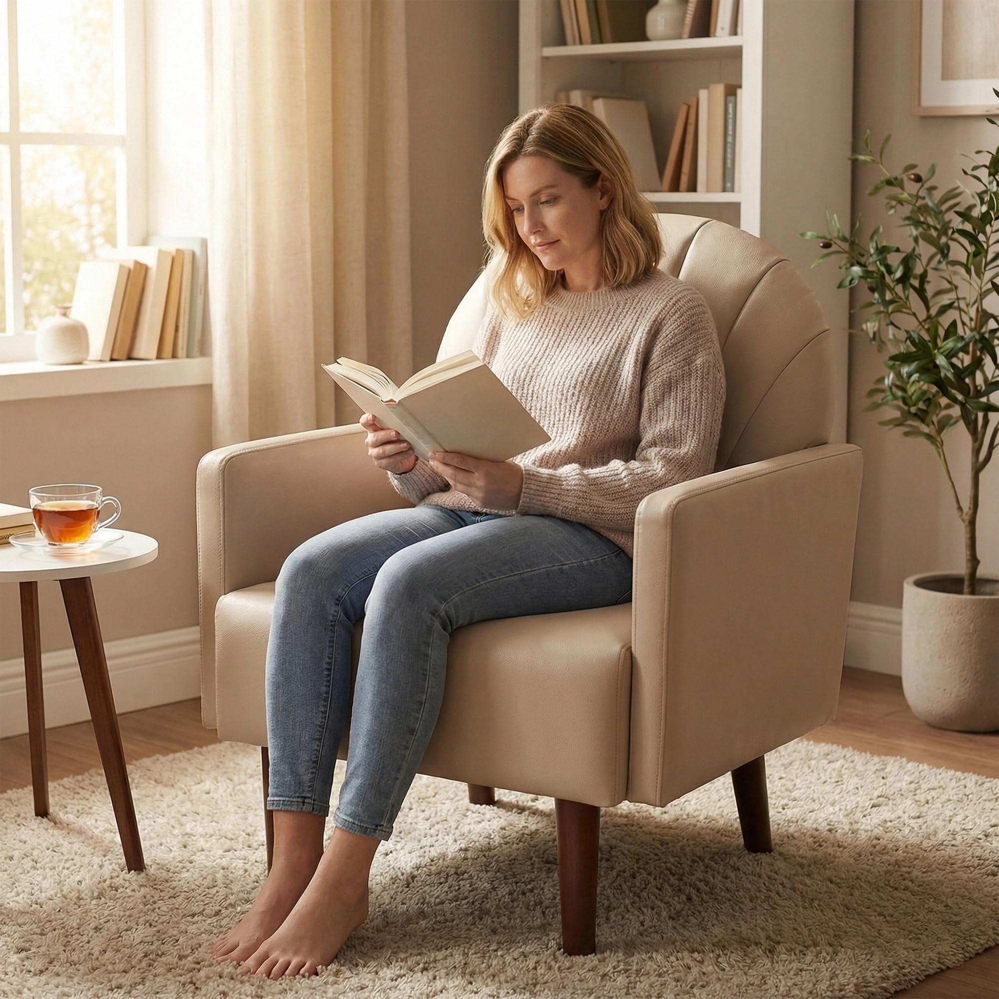  (Box 4)30" PU Accent Chair with Shell-Shaped Backrest, Single Reading Couch with Thick Padding, Ergonomic Armchair with Stable Wooden Legs for Living Balcony Office, Khaki
